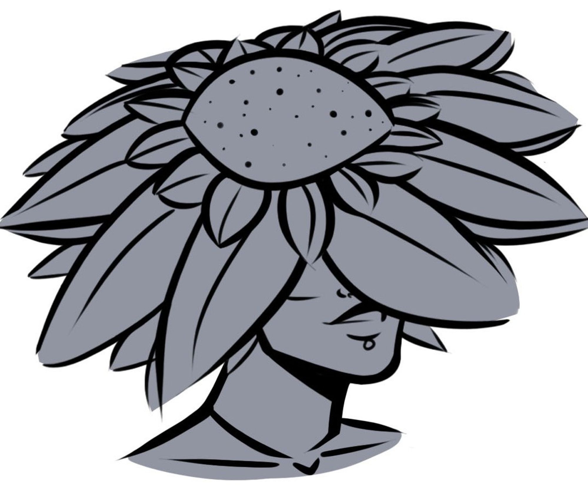 A shoulders-up drawing of a character with a flower upon their head. They are colored grey, and the flower upon their head is reminiscent of a sunflower or a daisy.