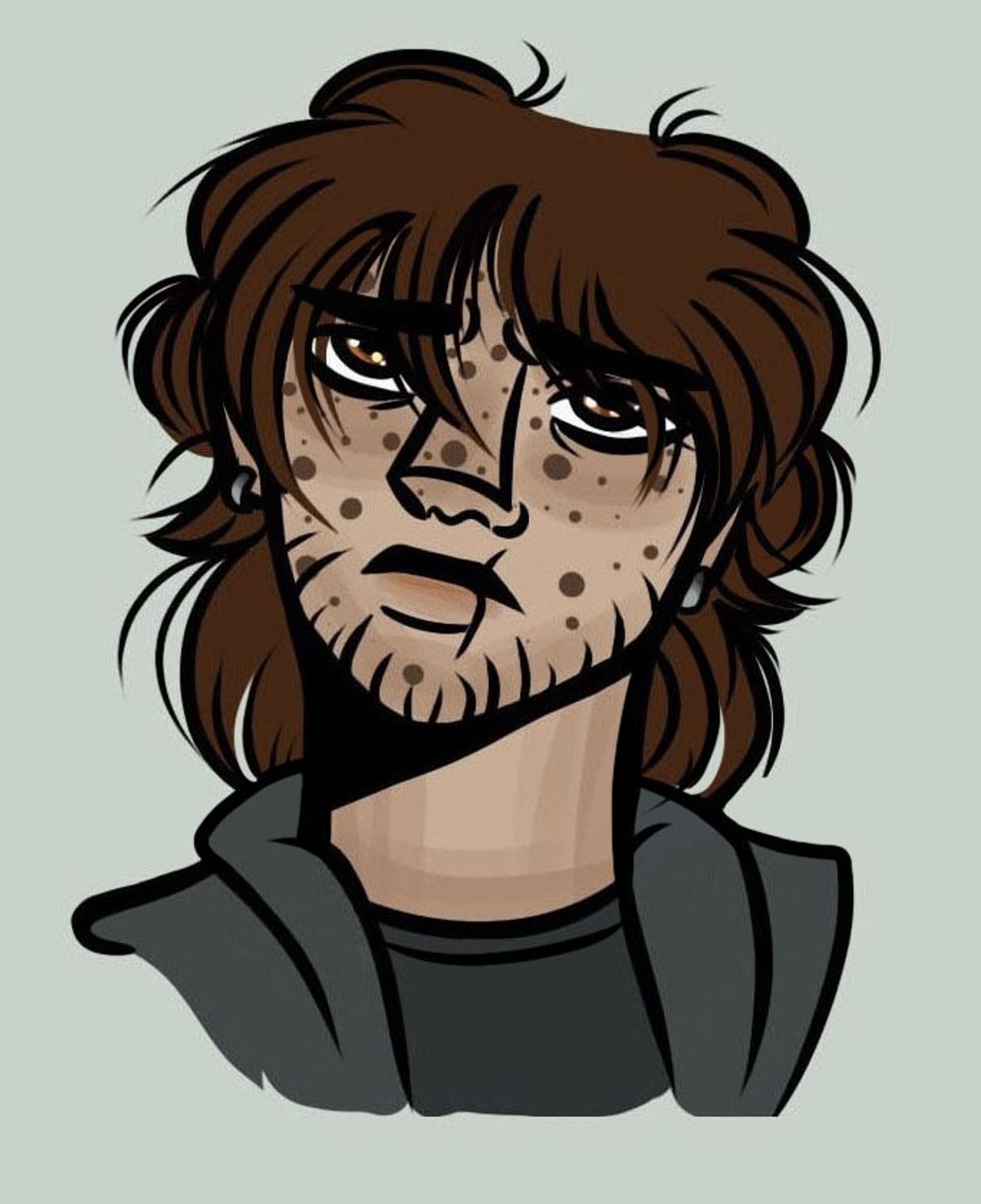 A shoulders-up drawing of op's oc Avon. He has pale skin, freckles and scruff, brown eyes, and fluffy brown hair that hits his shoulders. The top of his grey top and flannel-hoodie are visible, and he's drawn with a sad expression and his head tilted.