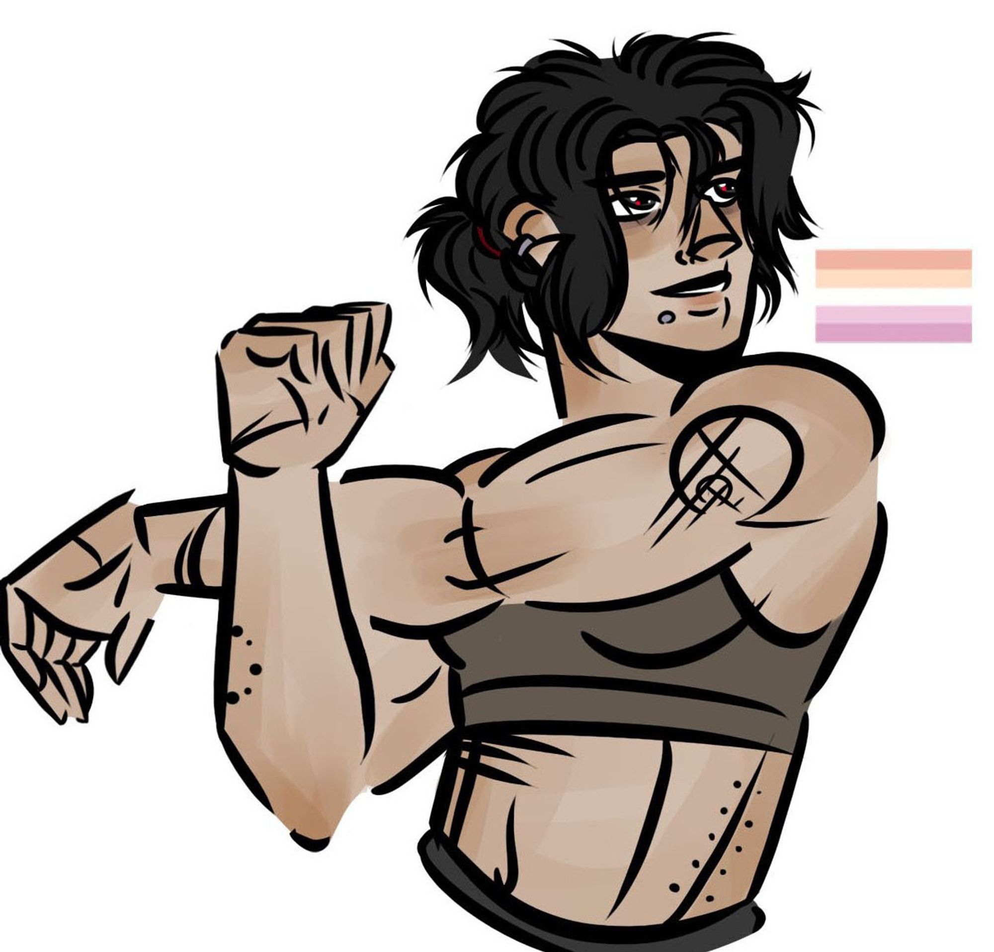 A 3/4s body drawing of op's oc Thorne Crow. She has dark, messy hair that's pulled up into a messy ponytail, light skin, and various scars. She's wearing a greenish-grey cropped tank top, and is posed to be stretching her arms. She has a light smile on her face. 

A small lesbian flag is in the upper right corner.