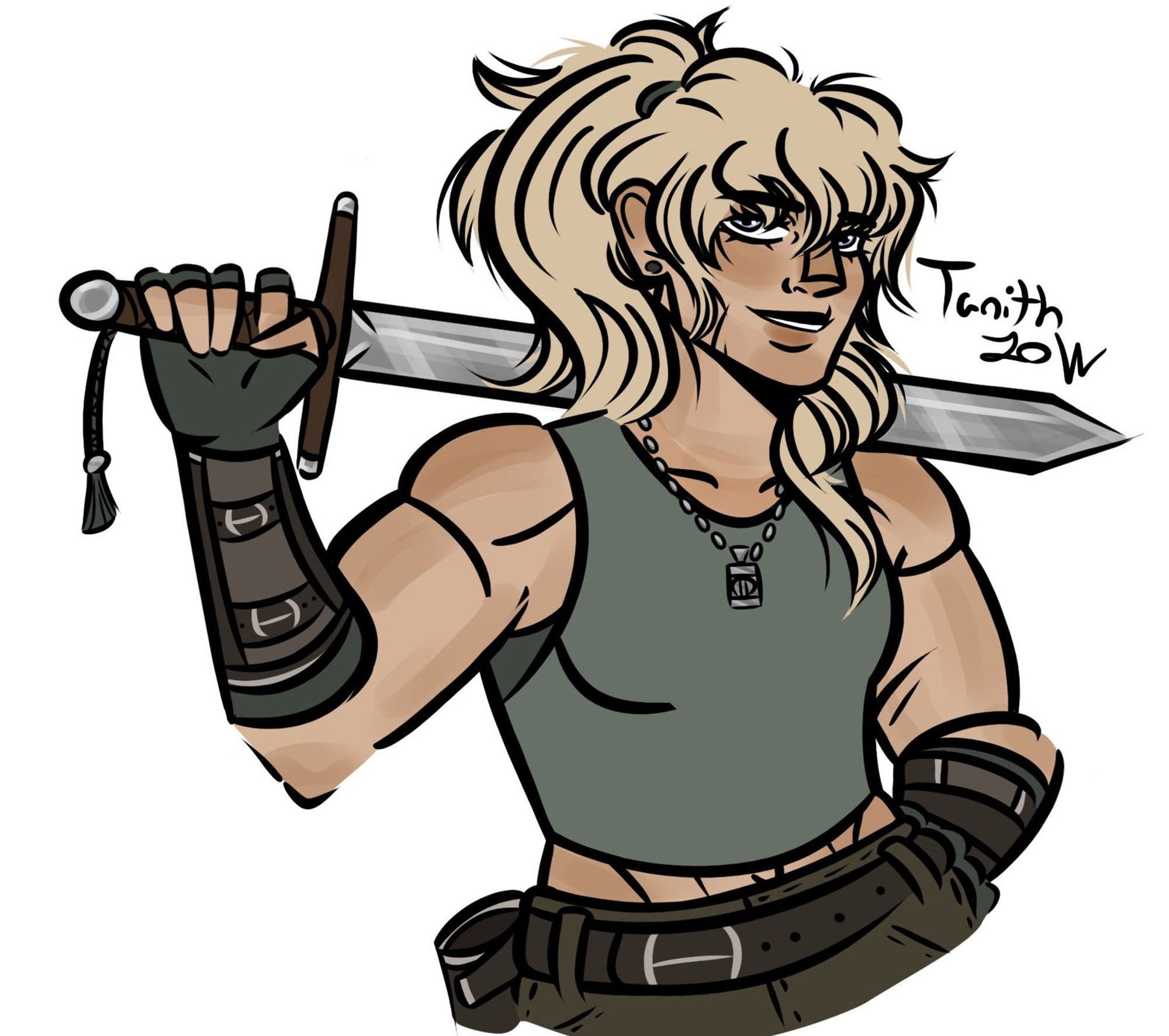 A half-body drawing of Tanith Low from the Skullduggery Pleasant series. She's posed with her left hand raised and holding a sword, which is rested against her shoulders, and with her right hand on her hip. She has pale skin, lavender eyes, and messy blonde hair pulled up into a ponytail. 

She's wearing a sage green tank top, mossy green pants, a silver dog-tag style necklace, and dark green gloves with leather bracers over top.