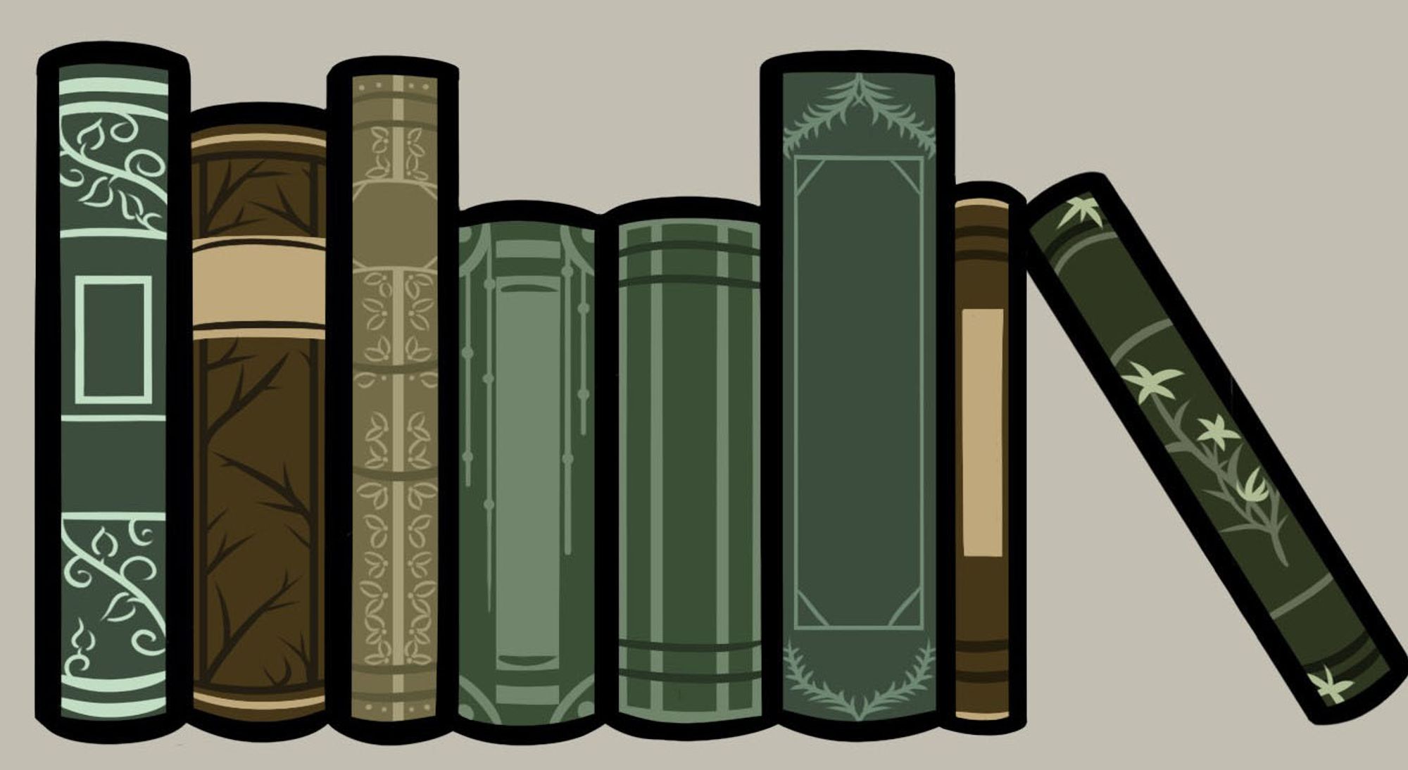 A series of eight books stacked diagonally with the spines facing towards the viewer. They vary from green, brown, and tan in color. Each book has ornate detailing on their spines. 

The last book in the row is leaned up against the other seven.