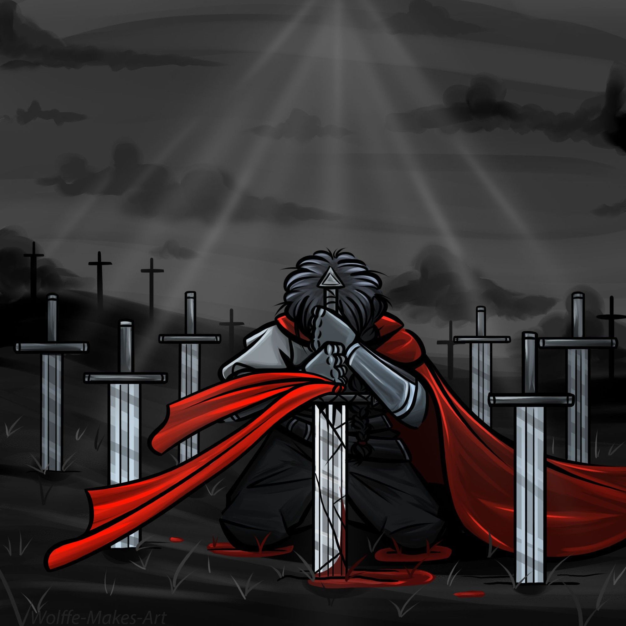 A drawing of a knight leaning over a sword amongst a field of swords stabbed into the ground, implied to be from companions who have fallen in battle. The scene is colored in grey scale, with the exception of specifically chosen red spots- which include the knights cloak, a piece of red cloth tied around their sword drifting in the wind, and splatters of blood on the ground. 

The knight is wearing various pieces of armor and vaguely medieval clothes, and their hair is long and worn in a braid. Their sword is cracking in various places.