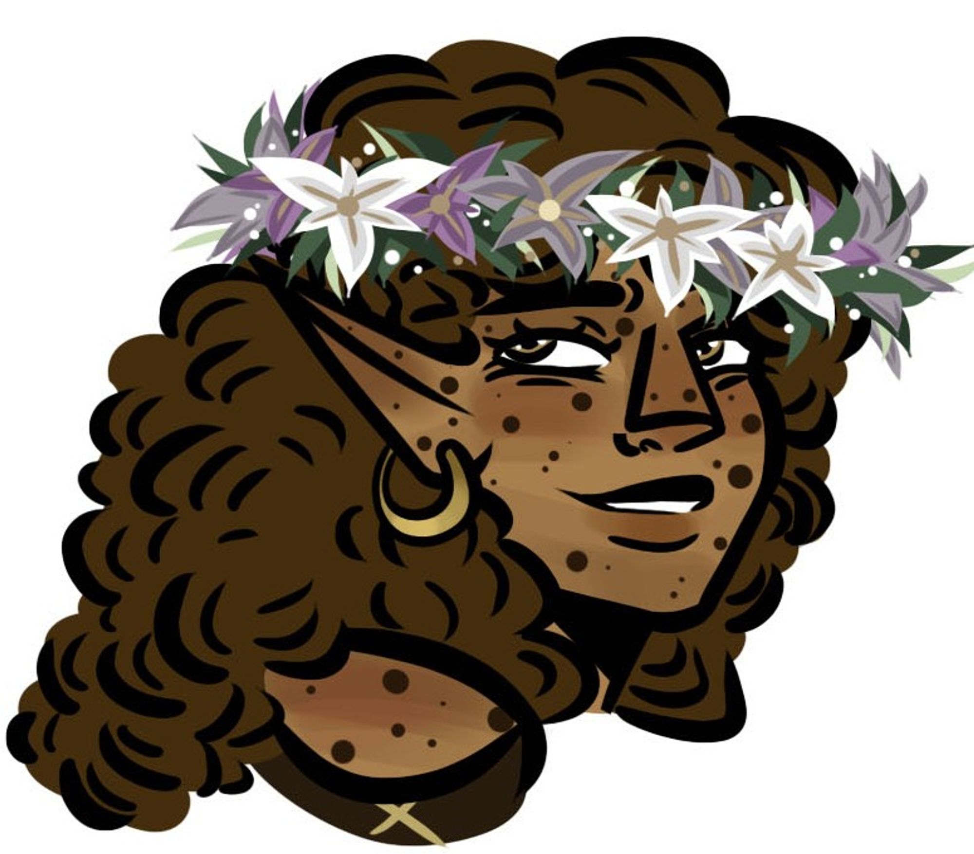 A shoulders-up drawing of Op's oc Rhessyne. They have warm, tan skin, light brown curly hair, freckles, and short pointed ears. They're smiling, and posed to look over their shoulder. She has a flower crown made of white and purple flowers.