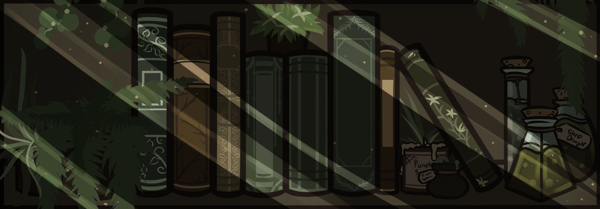 A drawing of a bookshelf filled with books (varying from green colors to brown, all with intricate spines), various plants, and potions. Several beams of light are cast across the shelf, illuminating the objects they cover.