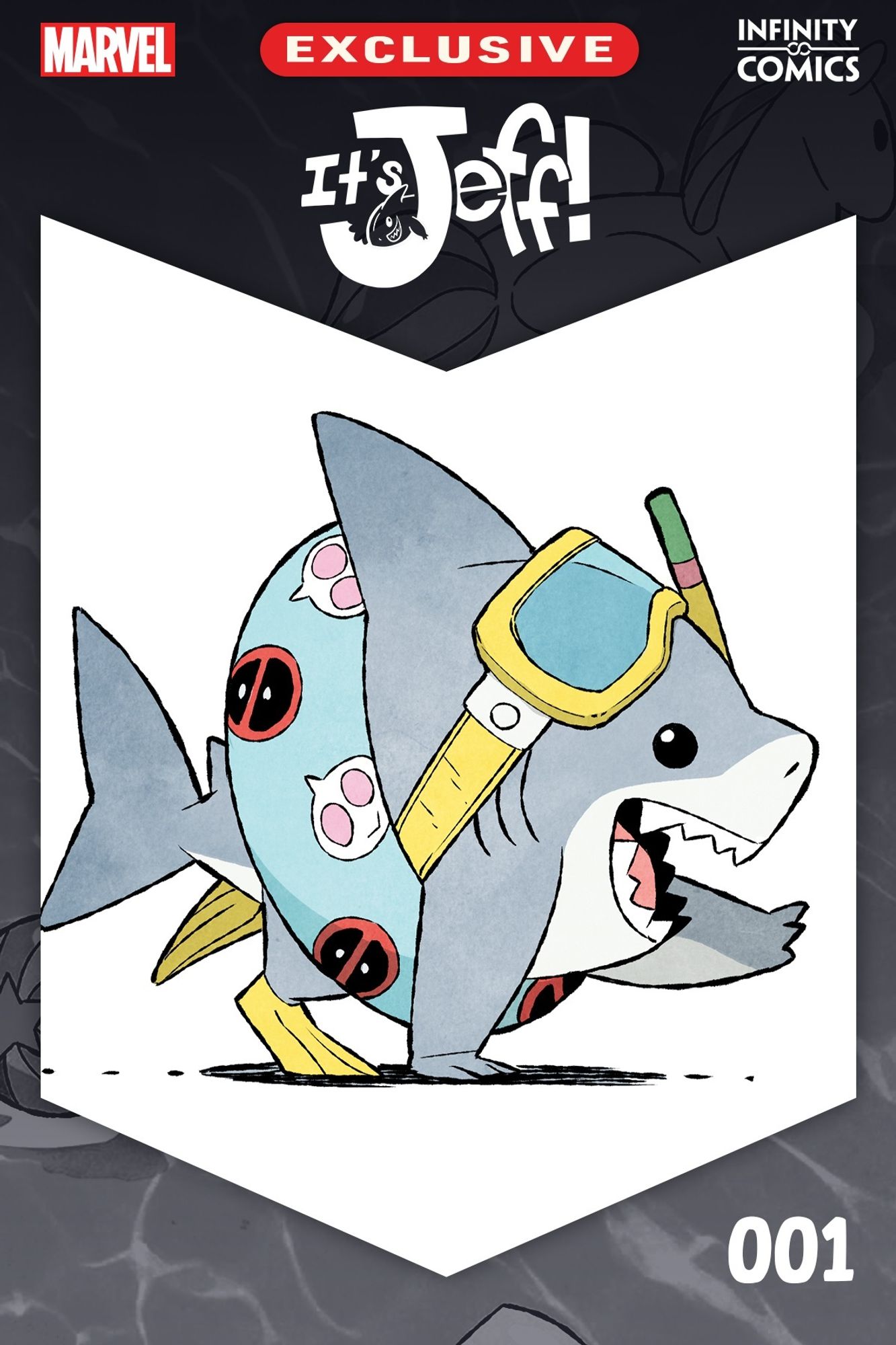 Cover for the first issue of the Marvel Comics digital exclusive "It's Jeff" series. Against a stark white background, Jeff the Landshark happily plods along with a snorkel mask on his head, flippers on his hind feet, and an inflatable tube around his waist that is light blue with stylized images of Deadpool and Gwenpool's heads printed on it.