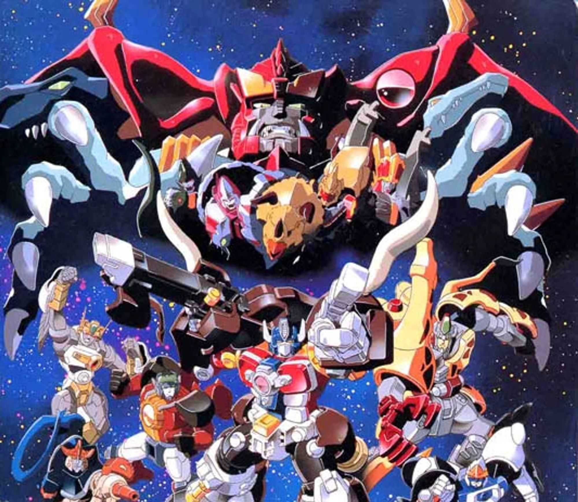 The heroes of Beast Wars Neo, a Japanese Transformers anime in which the heroic Cybertrons all turned into animals, but not quite how they did in the American Beast Wars cartoons. Behind the heroes is the specter of the evil Magmatron, leader of the Destrons.