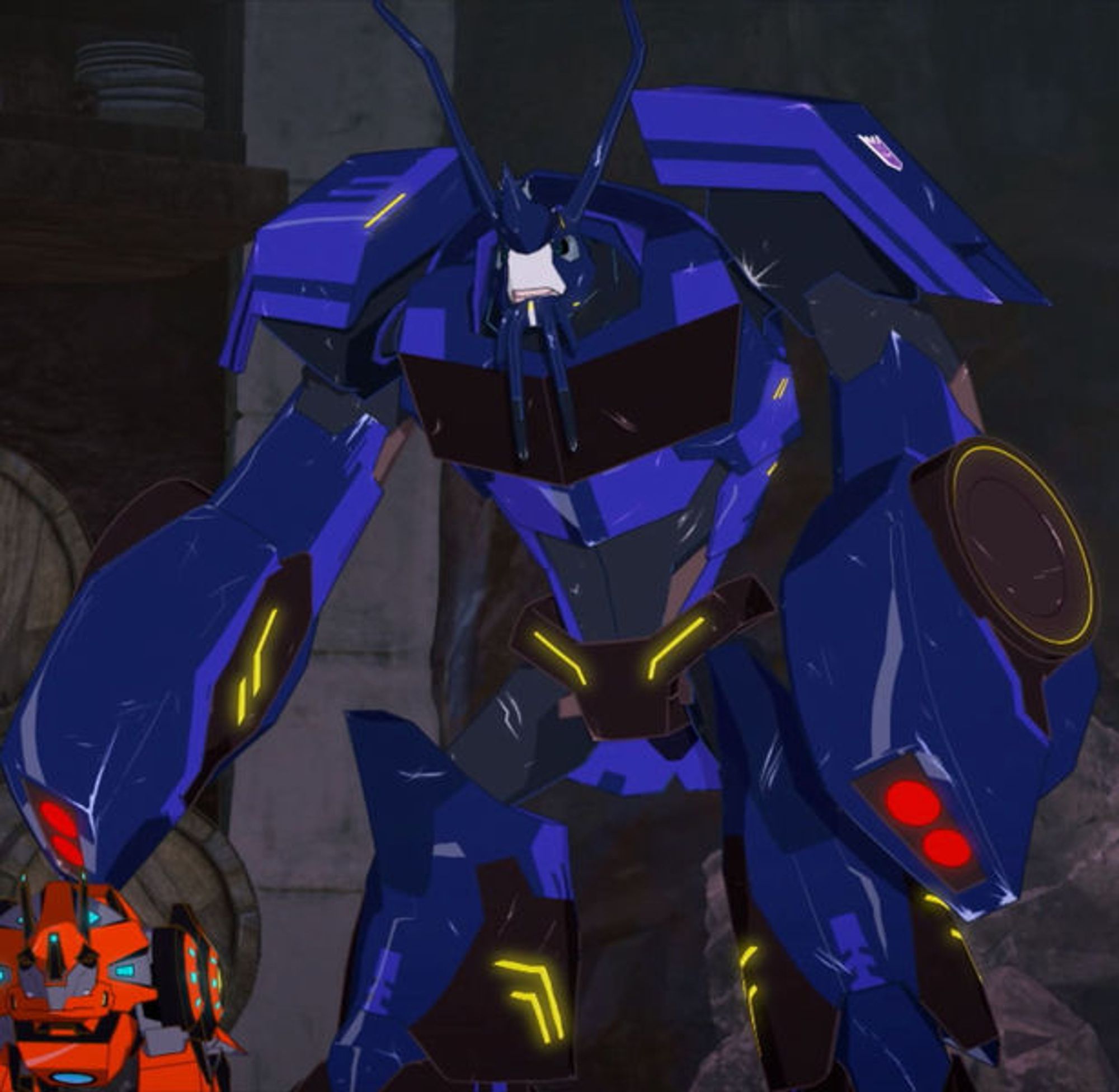 Thermidor, a blue, gray, and black robot with lobster-like claws and head.