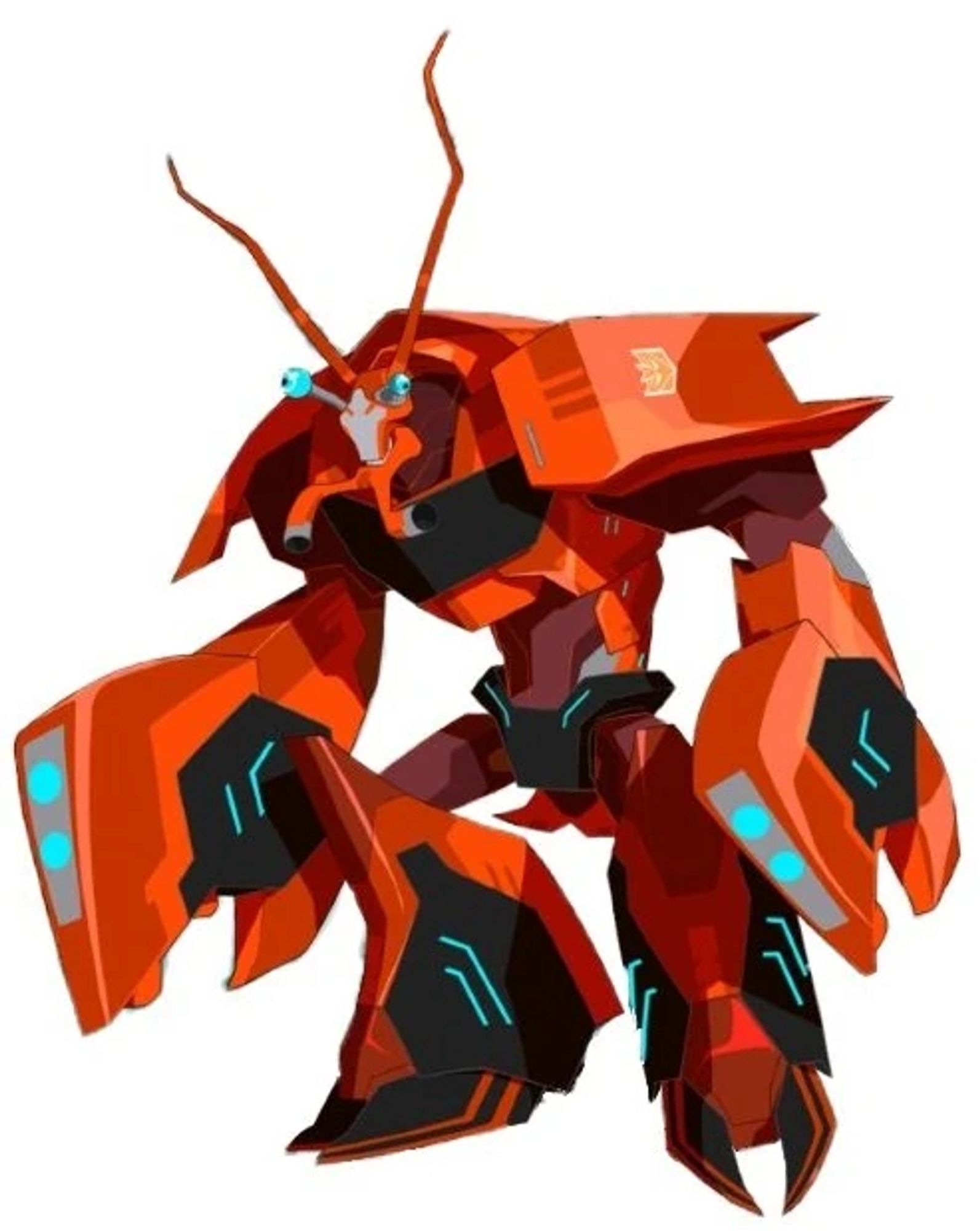 Bisk, an orange, red, and black robot with lobster-like claws and head.