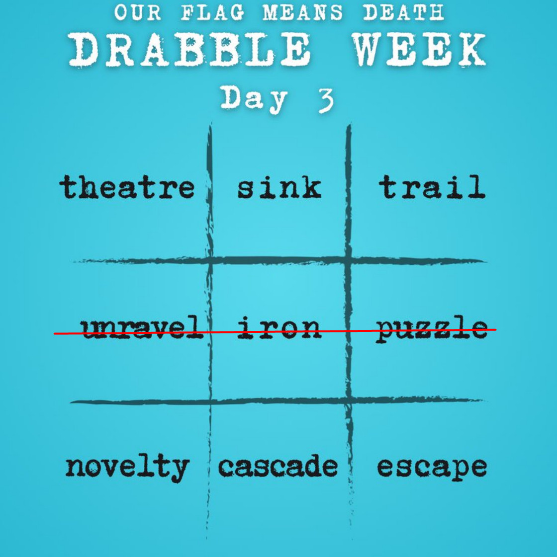 Our Flag Means Death Drabble Week Day 3

theatre | sink | trail
(crossed out) unravel | iron | puzzle
novelty | cascade | escape