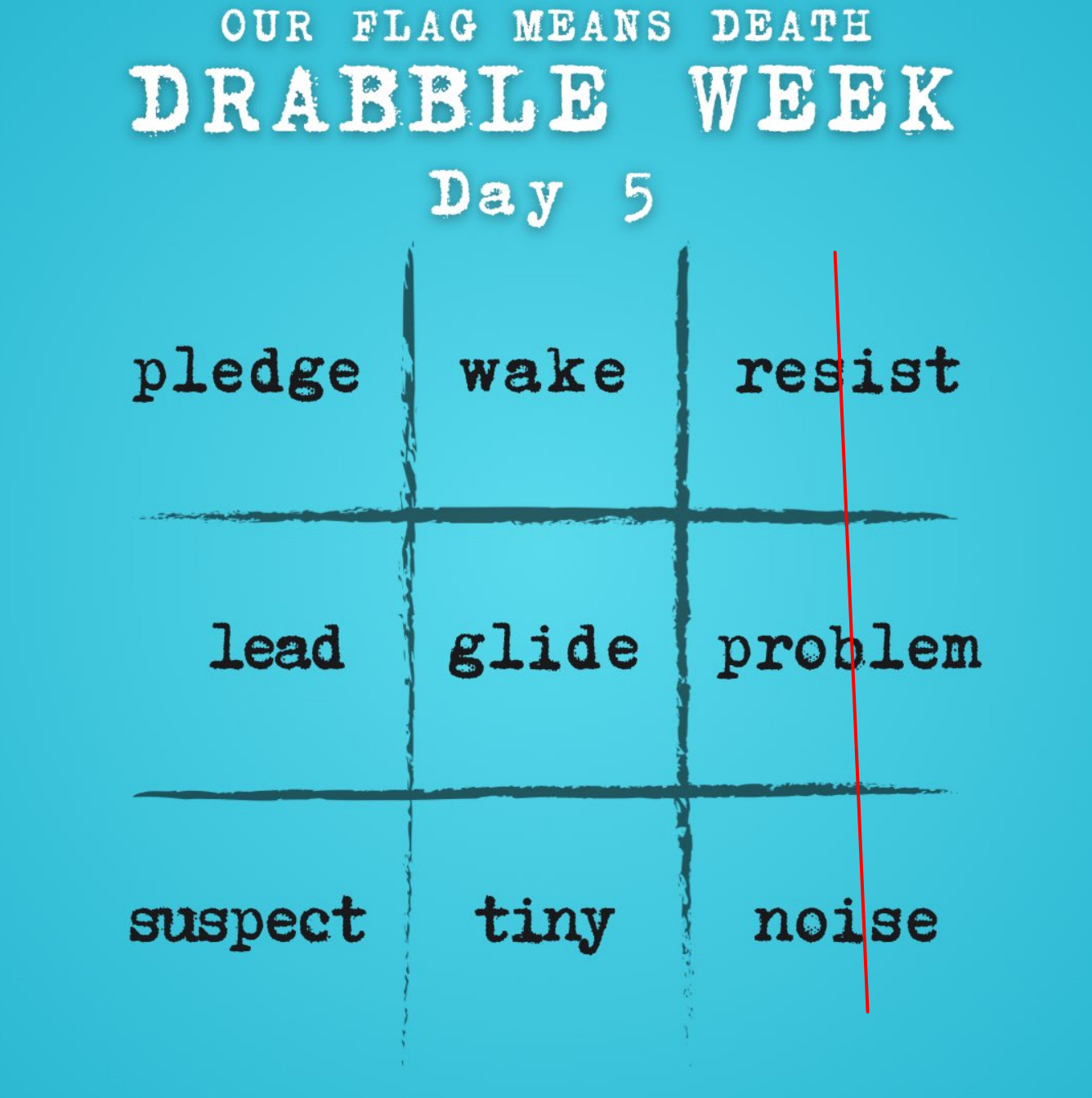 Our Flag Means Death Drabble Week Day 5

pledge | wake | resist
lead | glide | problem
suspect | tiny | noise

entire right column is crossed out: resist - problem - noise