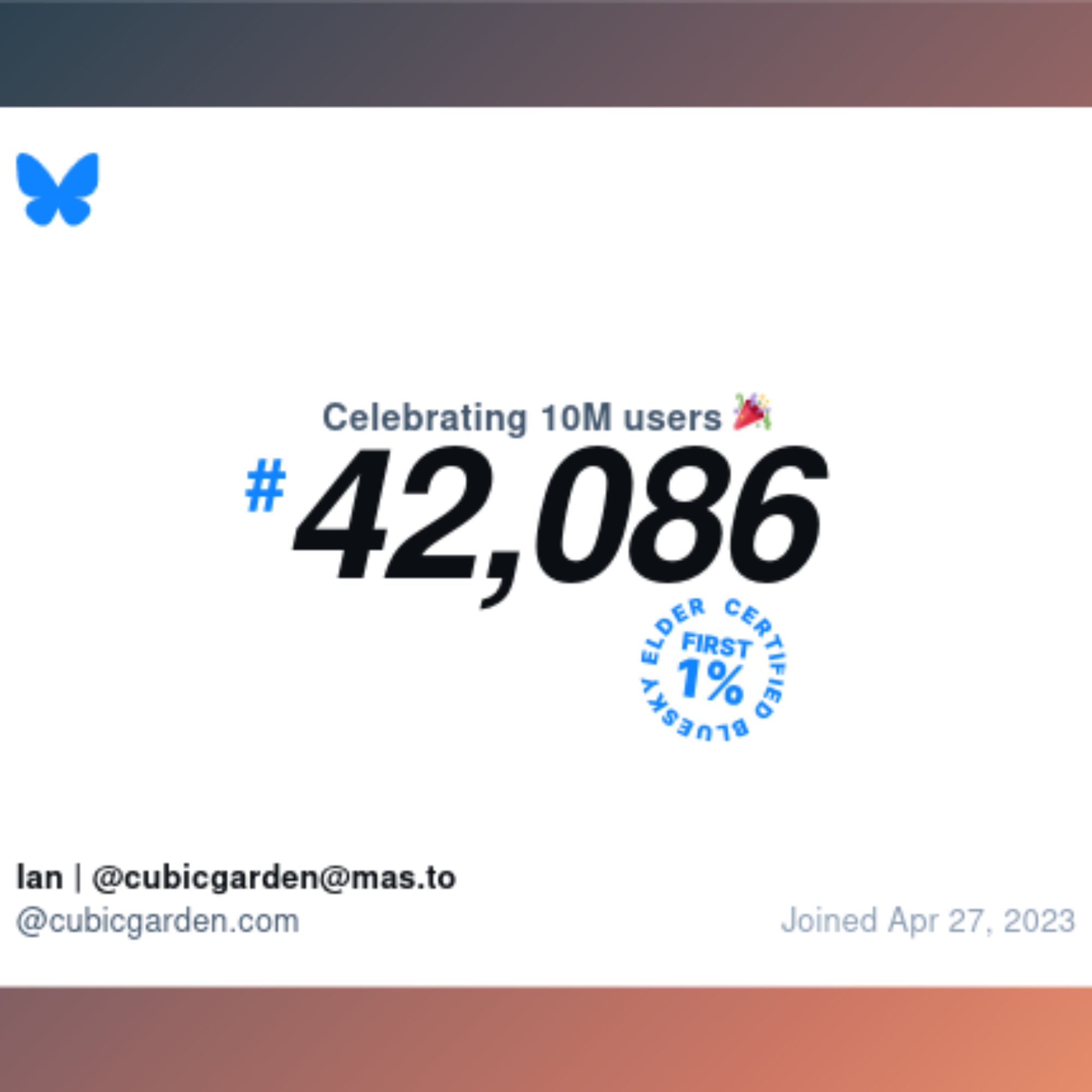 Bluesky is celebrating 10 million users and I'm number 42,086 / One of the first 1%.
Printed on a white background like a badge