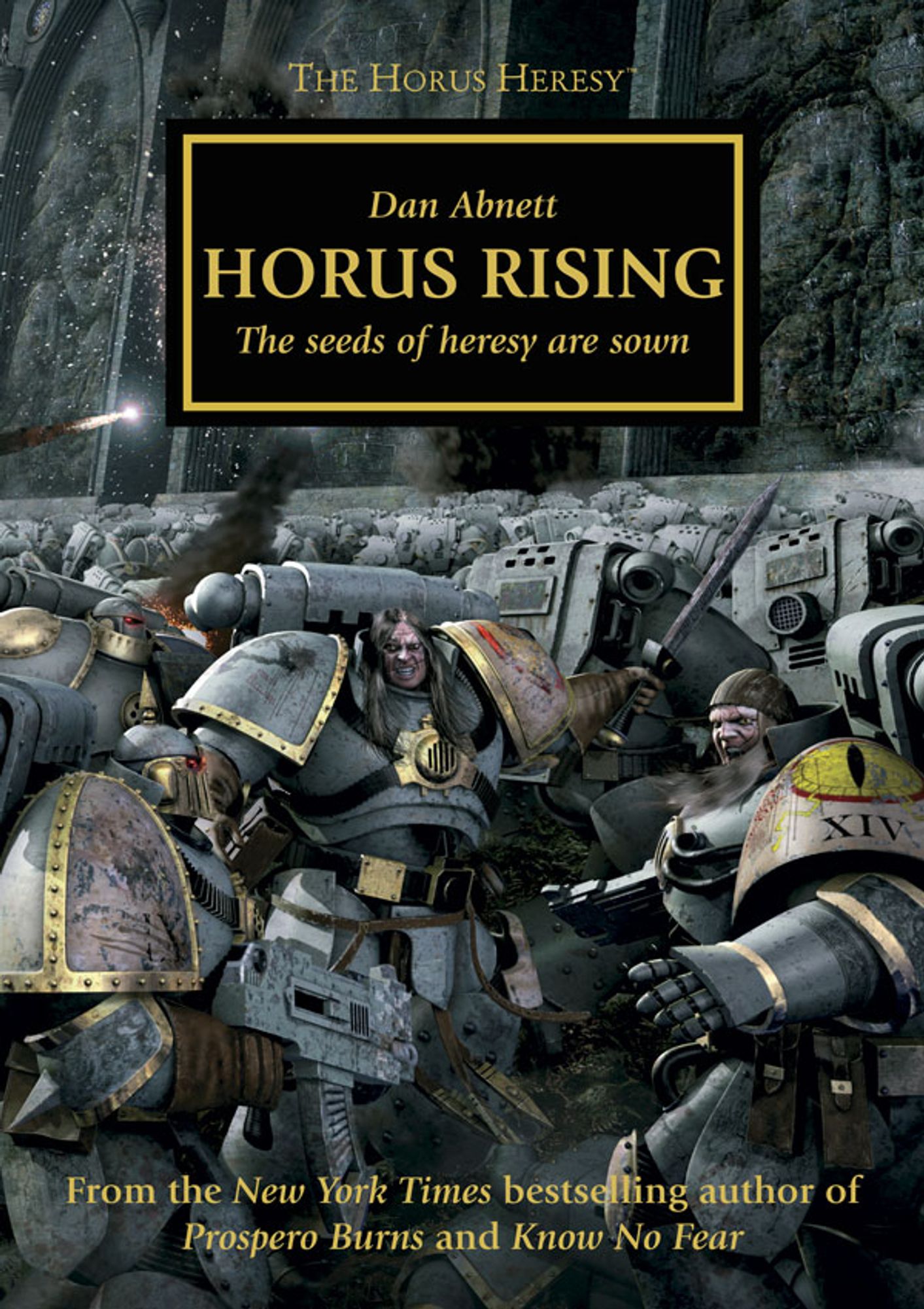 The cover of "Horus Rising" by Dan Abnett, which has a picture of Warhammer 40K Space Marines milling about in their heavy armour. The armour is batter grey and trimmed in gold around the edges of the shoulder plates.