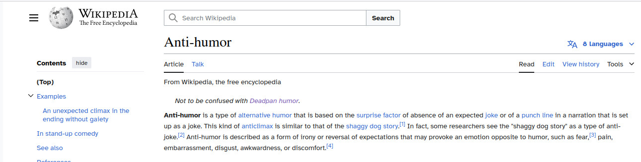 wikipedia page for anti-humor