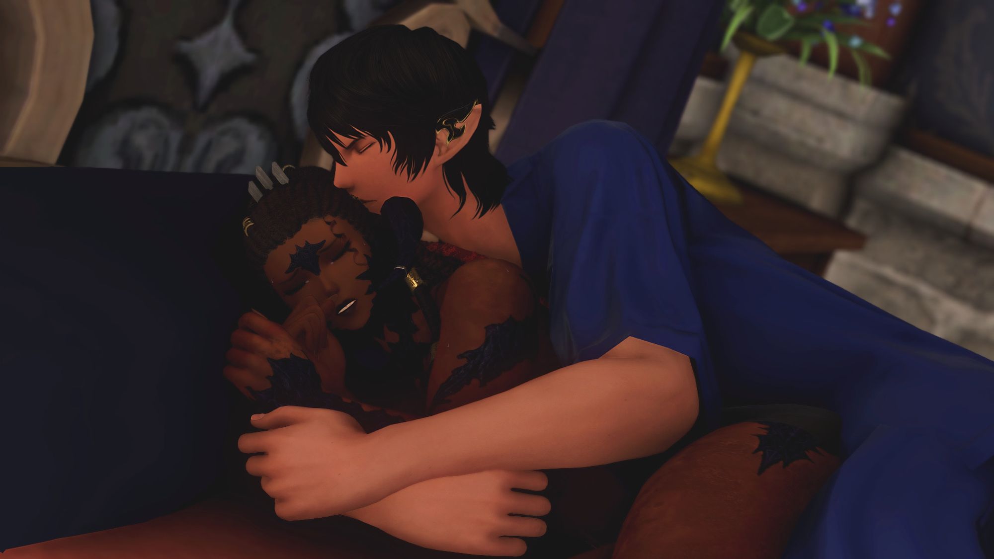 Aymeric comforting Avalan, shaken by a nightmare, by holding her and kissing her on the head