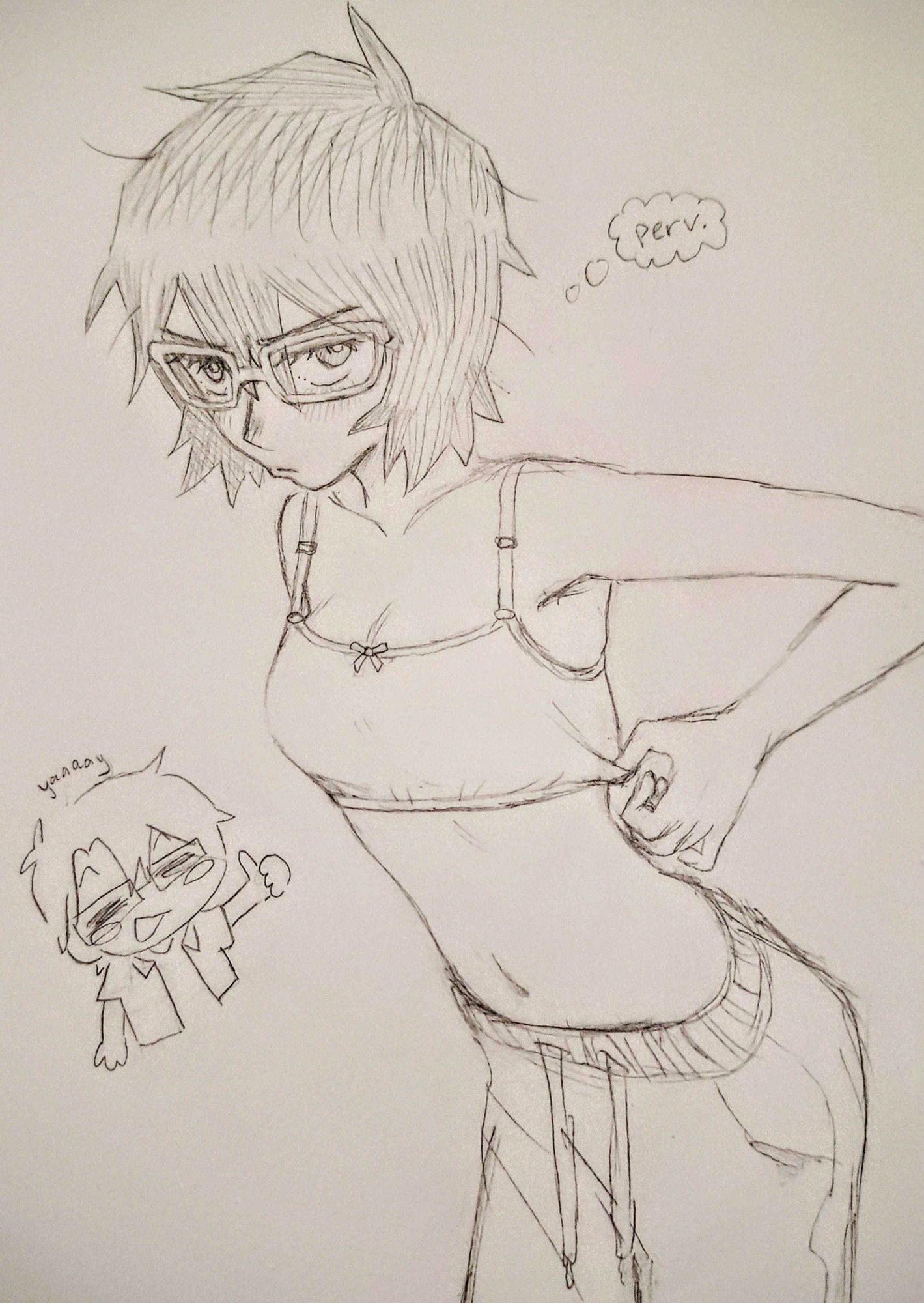 flustered, grouchy adult daughter wearing a training bra for girls still going through puberty. beside is a thought bubble saying "perv" while there's a little chibi of his dad in the corner going "yaaaay"