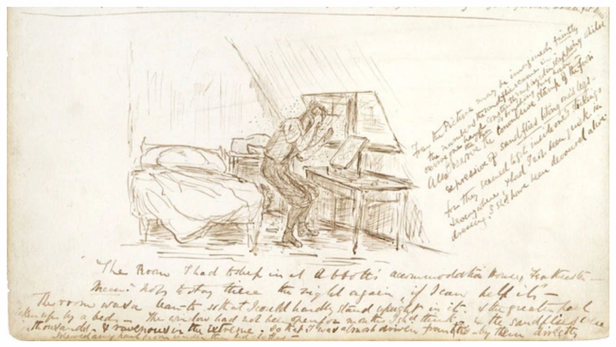 The artist in a cramped lean-to bedroom, seated at a dressing table, being pestered by many biting sandflies. The accompanying text comments on the inadequacies of the accommodation, including the fact that the window had not been opened for months and the quantities of sandflies.