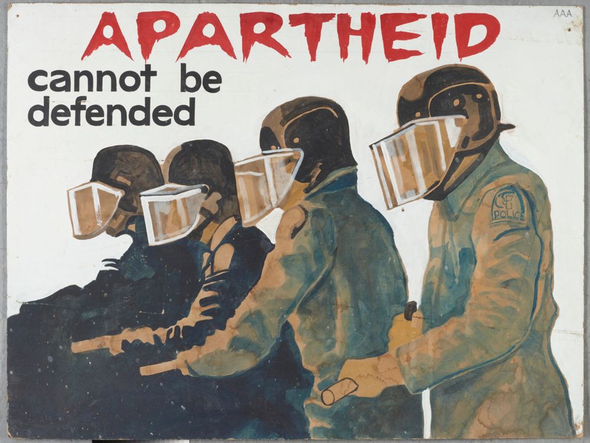 This placard was painted in response to the clashes between police and protesters, and was carried during demonstrations. The image of faceless police wearing helmets with visors and holding their batons at the ready was based on photographs of the time.