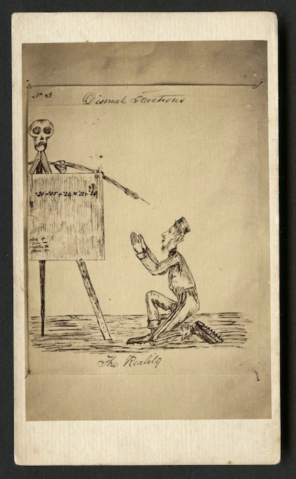     Shows a soldier kneeling and begging before a raised lookout in which a skull is positioned like a scarecrow with a musket pointed at the soldier. 