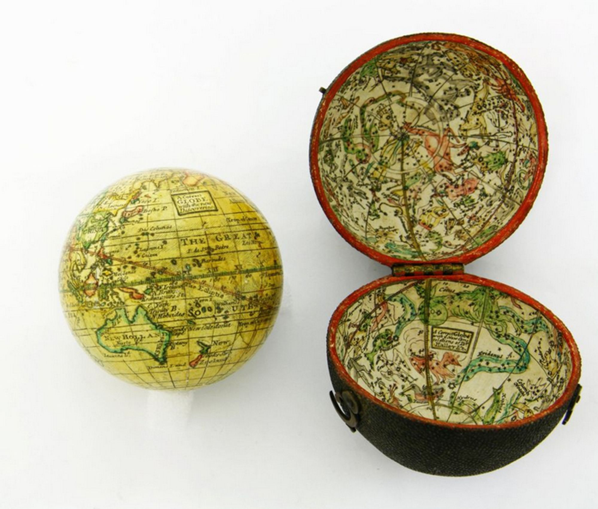 A globe, turned to show New Zealand and Australia. The round case it comes in shows Greek constellations.