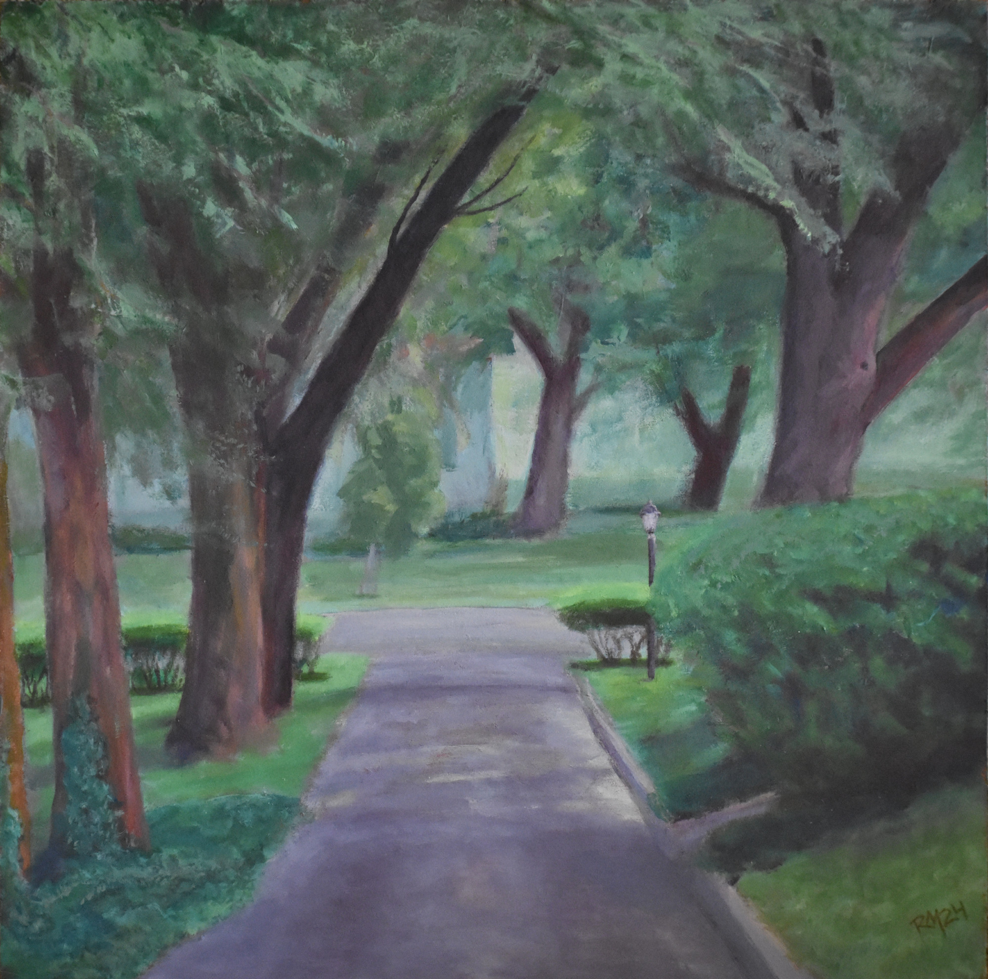 A painting from the perspective of looking straight down a driveway to the street. Lush green trees and bushes line the pavement. At the foot of the driveway is a lamp post. There is another house and yard across the street. It's sunny, but the trees provide a lot of shade.