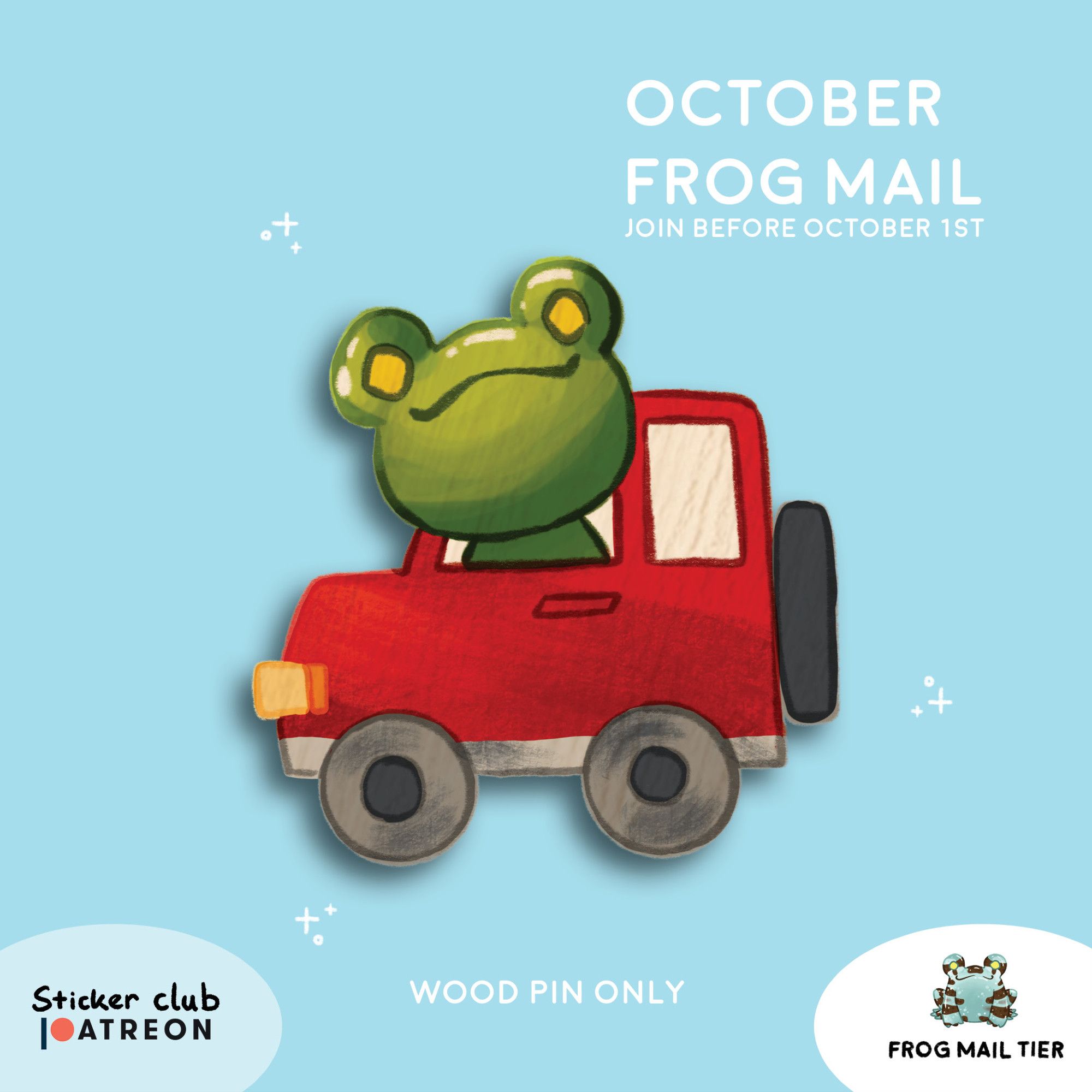 October Frog Mail subscription over on Patreon. Milk Frog tier reward is a wood pin of a frog driving a little red car.