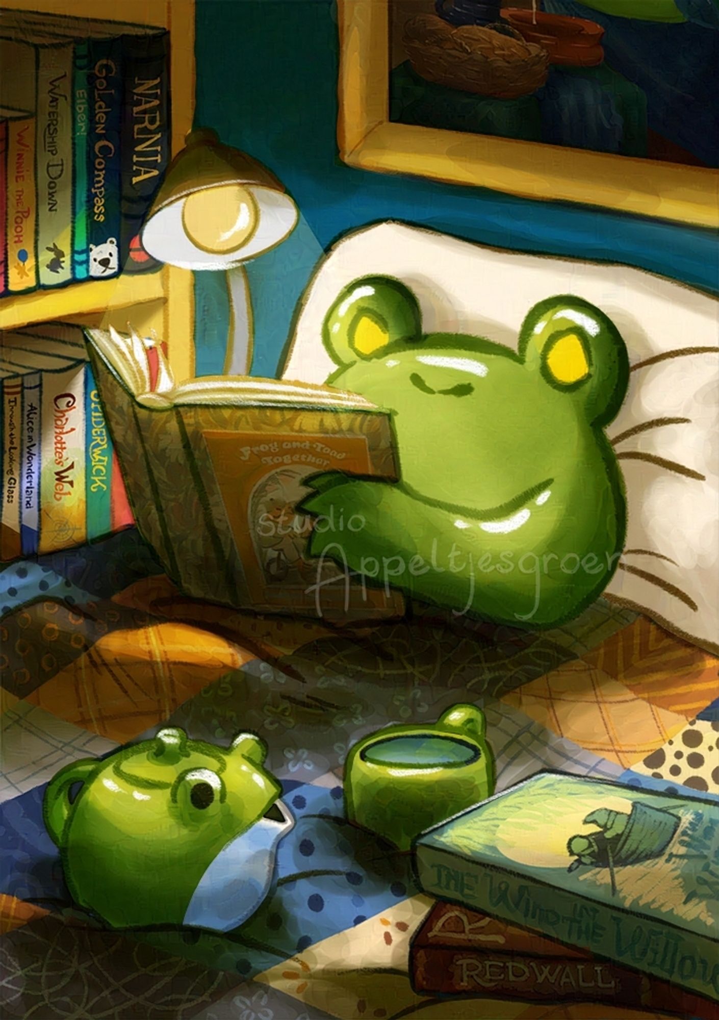 Floris the Frog reading Frog and Toad in his quilted bed in the evening with a night light on.