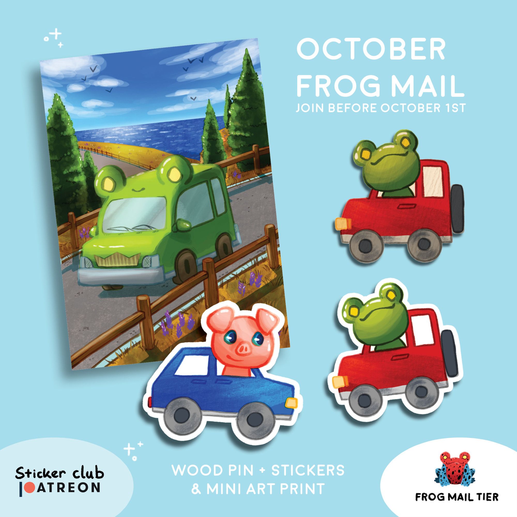 October Frog Mail subscription over on Patreon. Tiny Frog tier rewards are the mini art print of Car!Frog driving along the coast and two stickers of Floris in a little red car and his piggy friend in a little blue car. Plus the wood pin of Floris in his little red car.