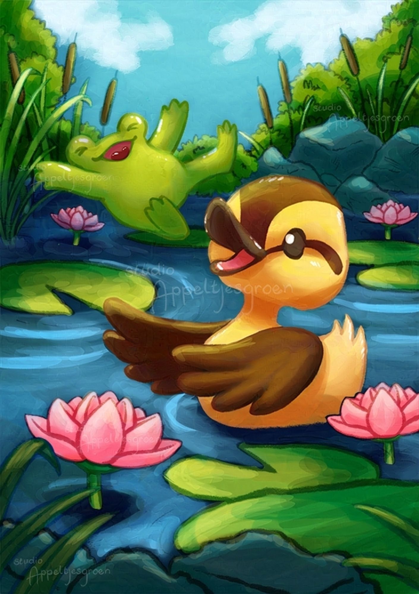 A ducky and a frog happily playing in a pond filled with lily pads and lily flowers.