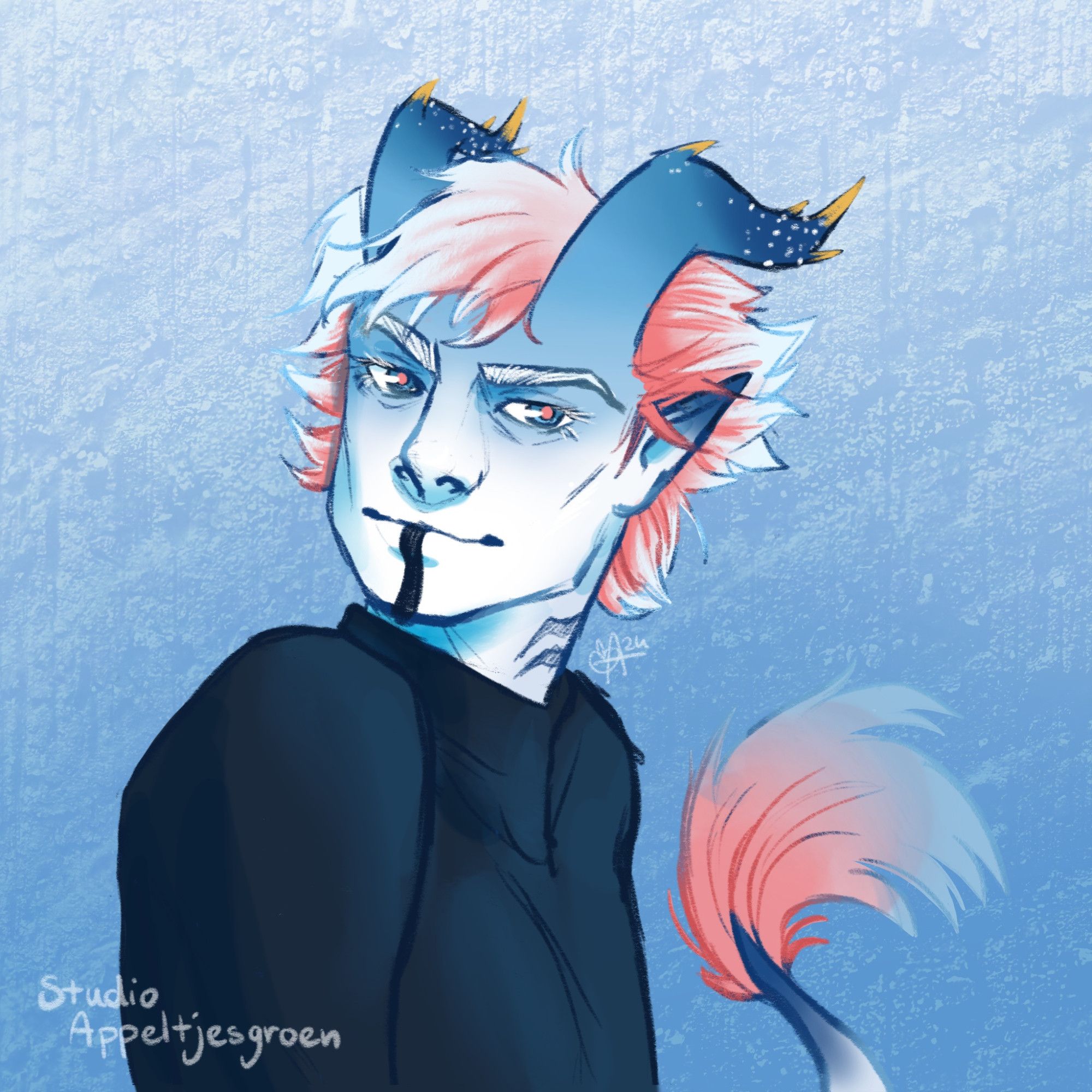 A blue horned character by Nefere, named Storm. He has some white and pink hair at the end of his tail.