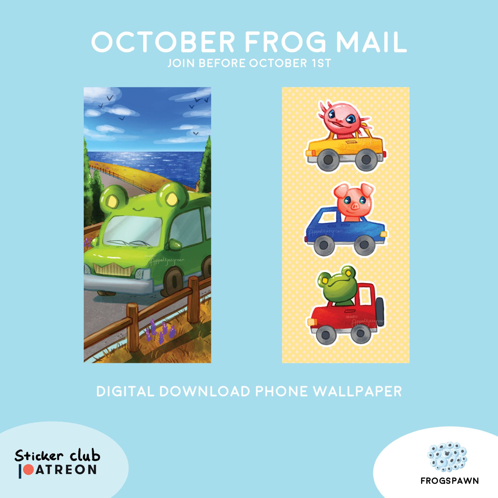 October Frog Mail subscription over on Patreon. Frogspawn tier reward are two digital download phone wallpapers of Car!Floris driving along the coast and Floris and his friends in little cards on a yellow background.