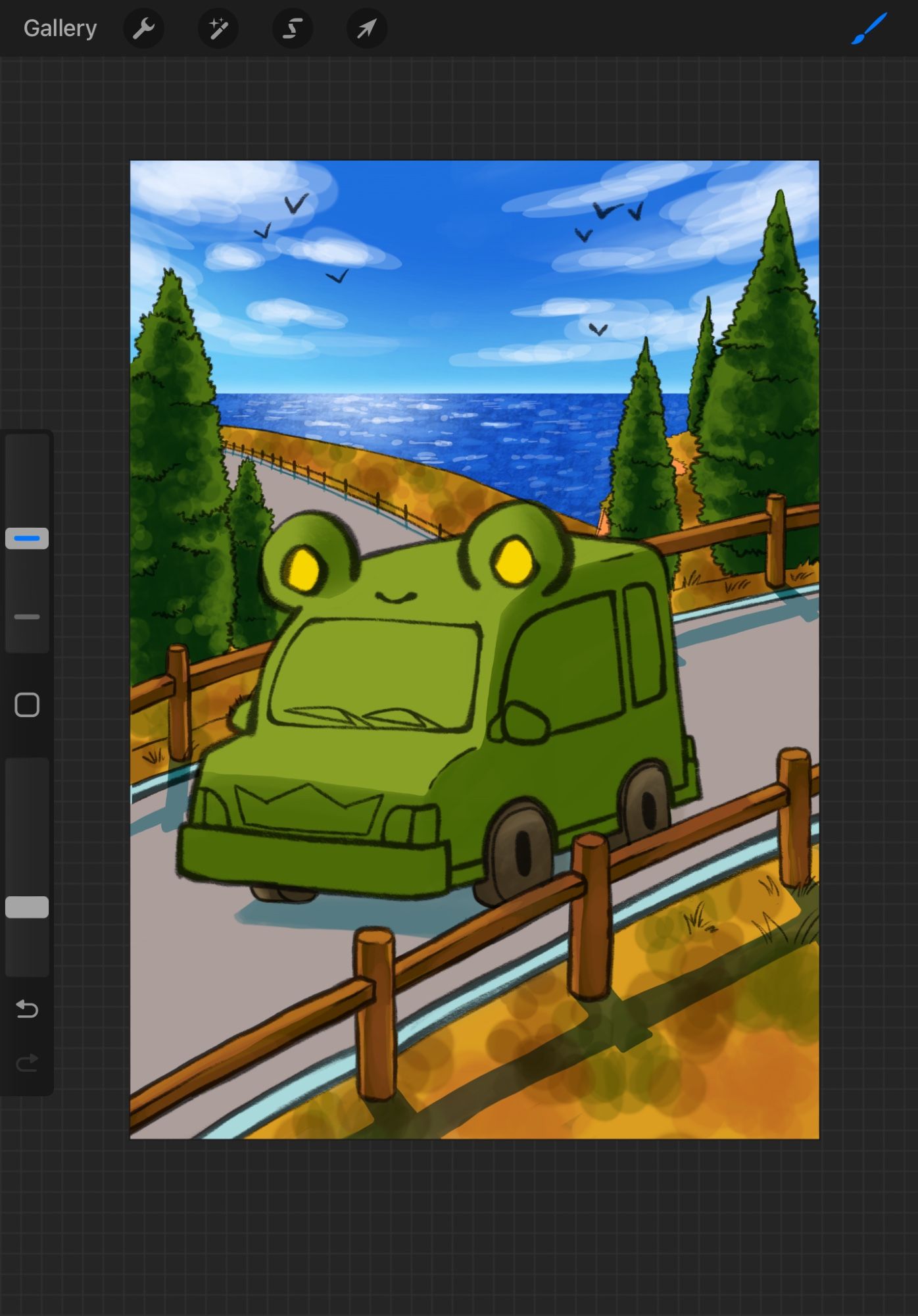 screenshot from procreate with an artwork depicting a green frog car on a french coastal road with the sea on the background