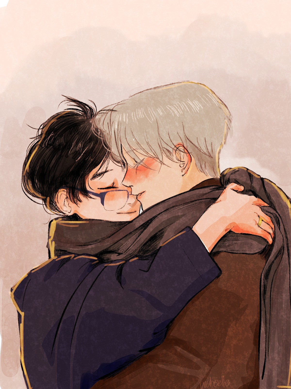 victor nikiforov and yuri katsuki from anime yuri on ice hugging