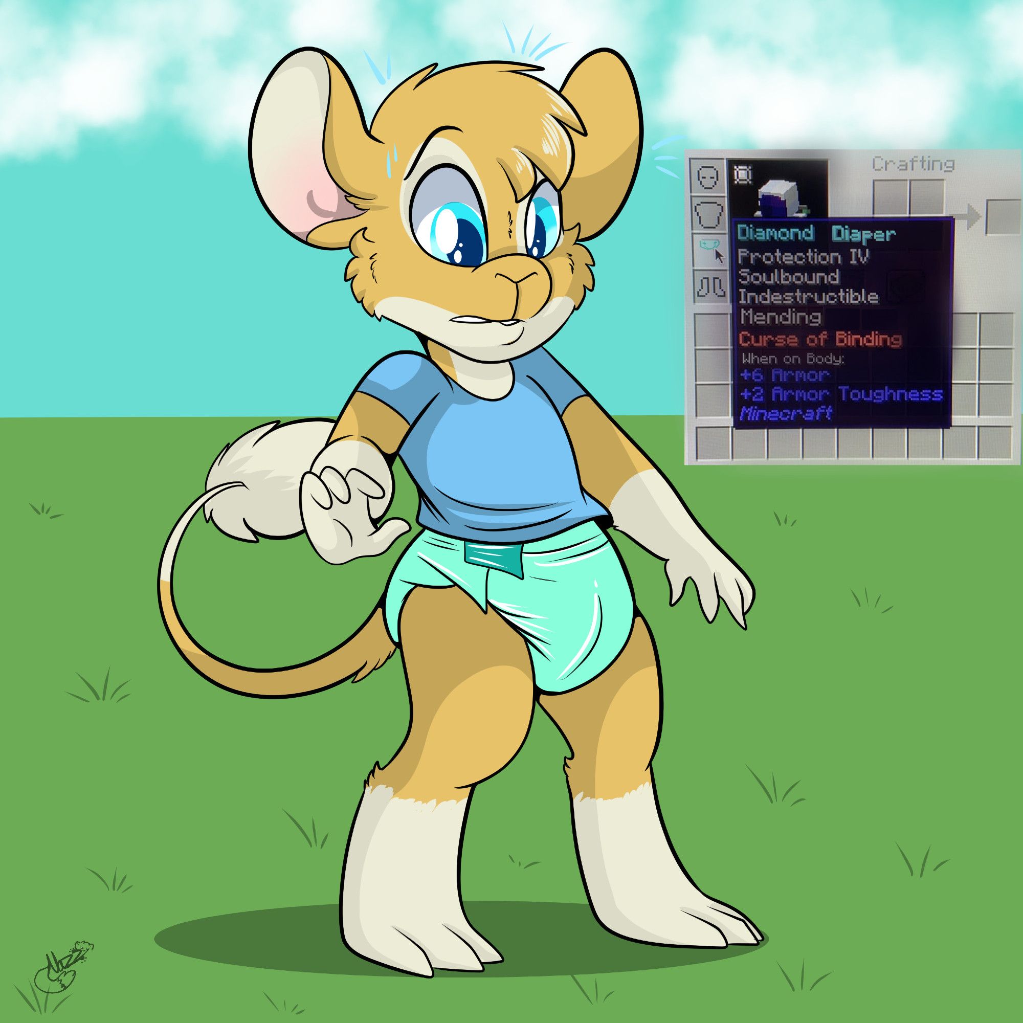 A gerbil fursona in a diamond tier diaper with a minecraft interface. The minecraft interface says the diaper has Protection IV, Soulbound, Indestructible, Mending, and Curse of Binding. This combination means it is not coming off anytime soon. 