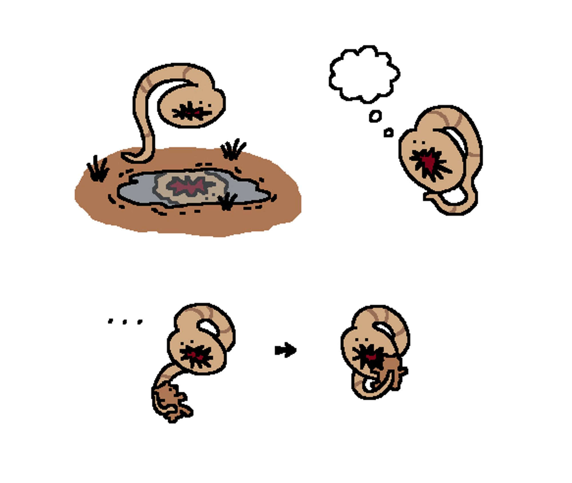 four simple drawings of the Floater enemy from the Fallout series, which is a large tan colored worm with an enormous circular mouth. Floater is depicted looking at its reflection in water, sitting and thinking, looking at a teddy bear, and then holding the teddy bear close to its body