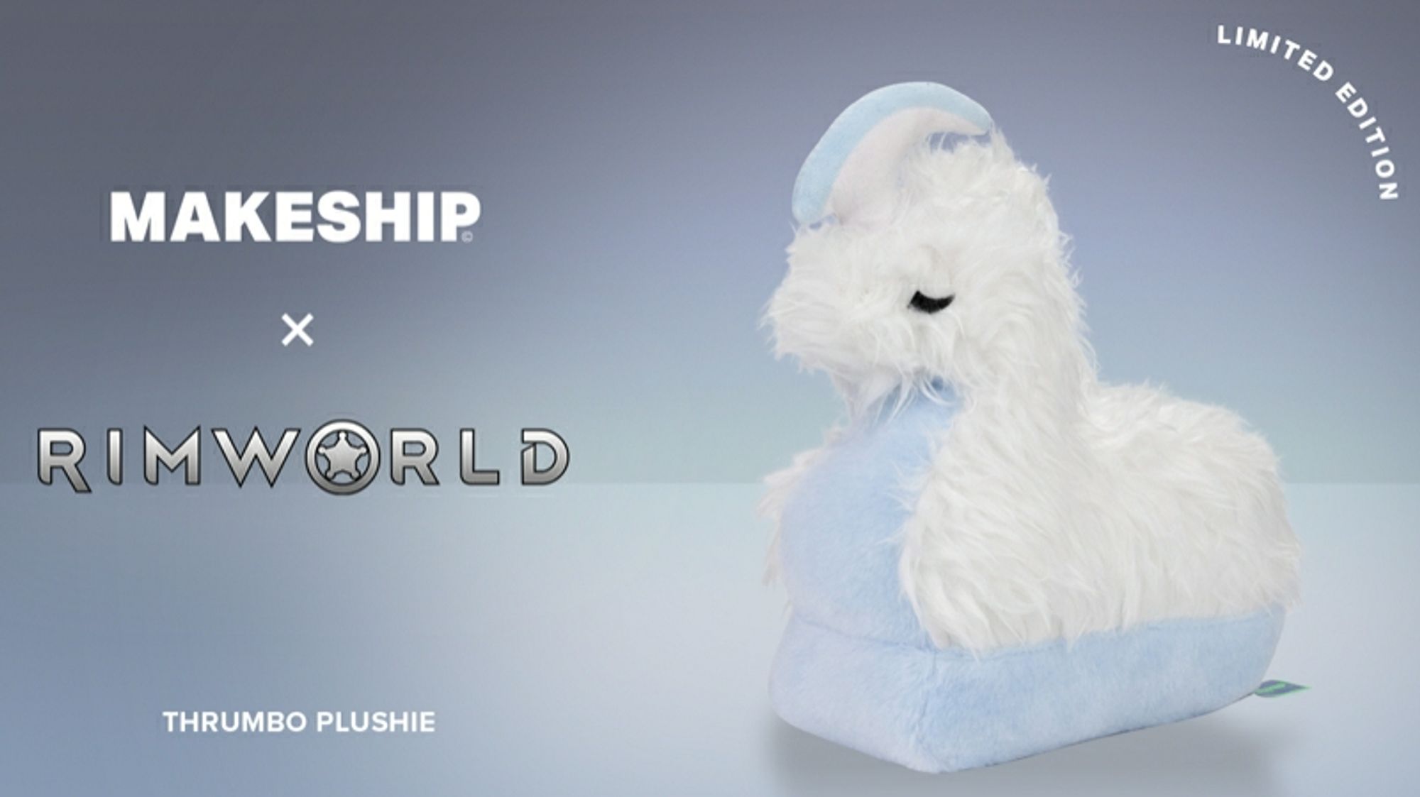 plushie toy of Thrumbo from rimworld, a white and light blue single-horned animal with a long neck