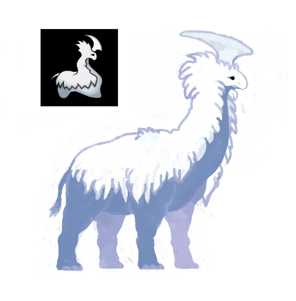 Thrumbo is a mammal-looking long necked animal with a single axe-shaped horn. In the top left is the original game sprite, and it has shaggy white hair over a light blue body. I have drawn it similar to a rhinoceros with more of a lavender color to its skin