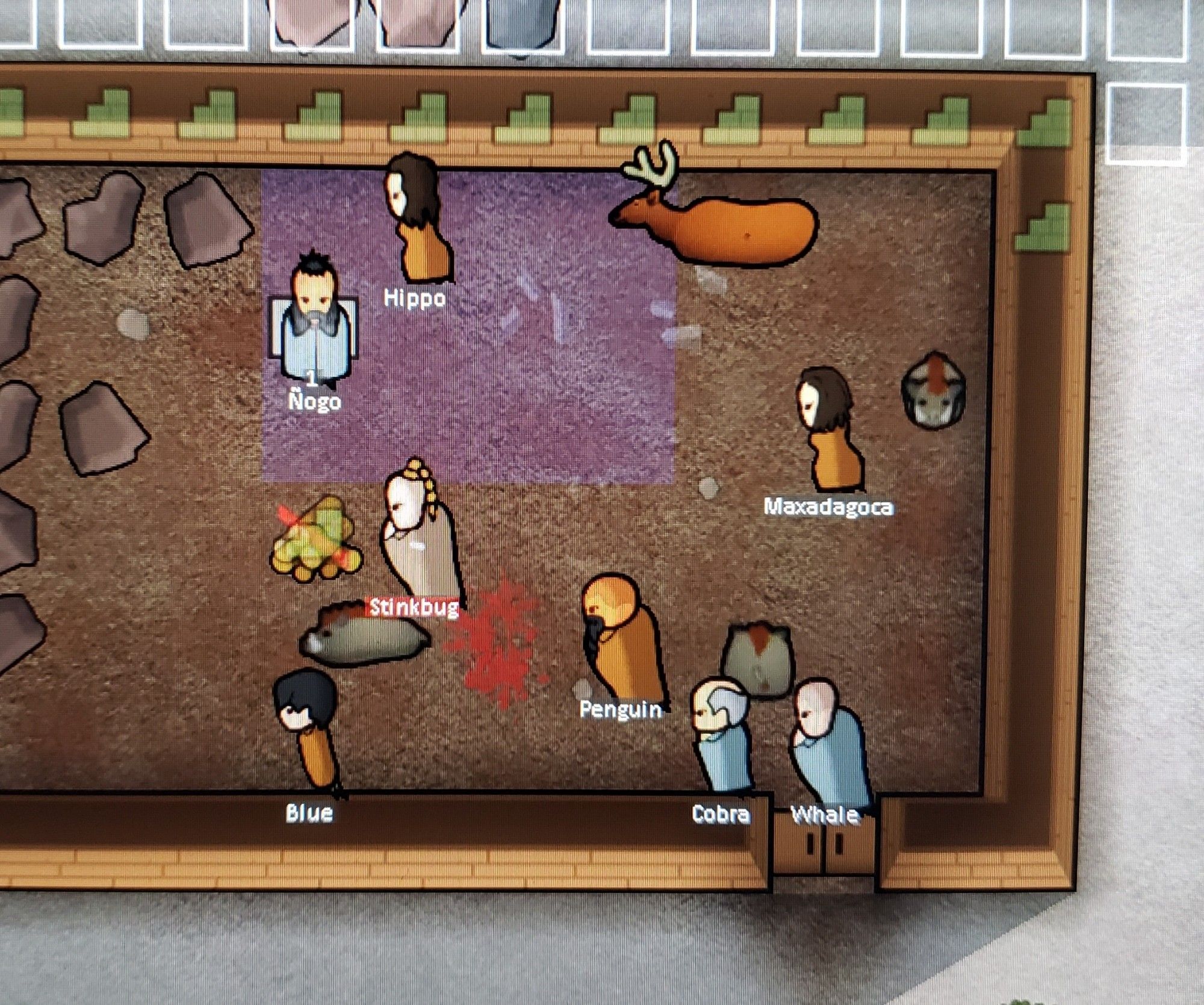 Screen grab of eight rimworld characters in a barn. They are rendered in a simplistic style. Below each character is their name, names are Hippo, Maxadagoca, Whale, Cobra, Penguin, Blue, Stinkbug, and Ñogo.