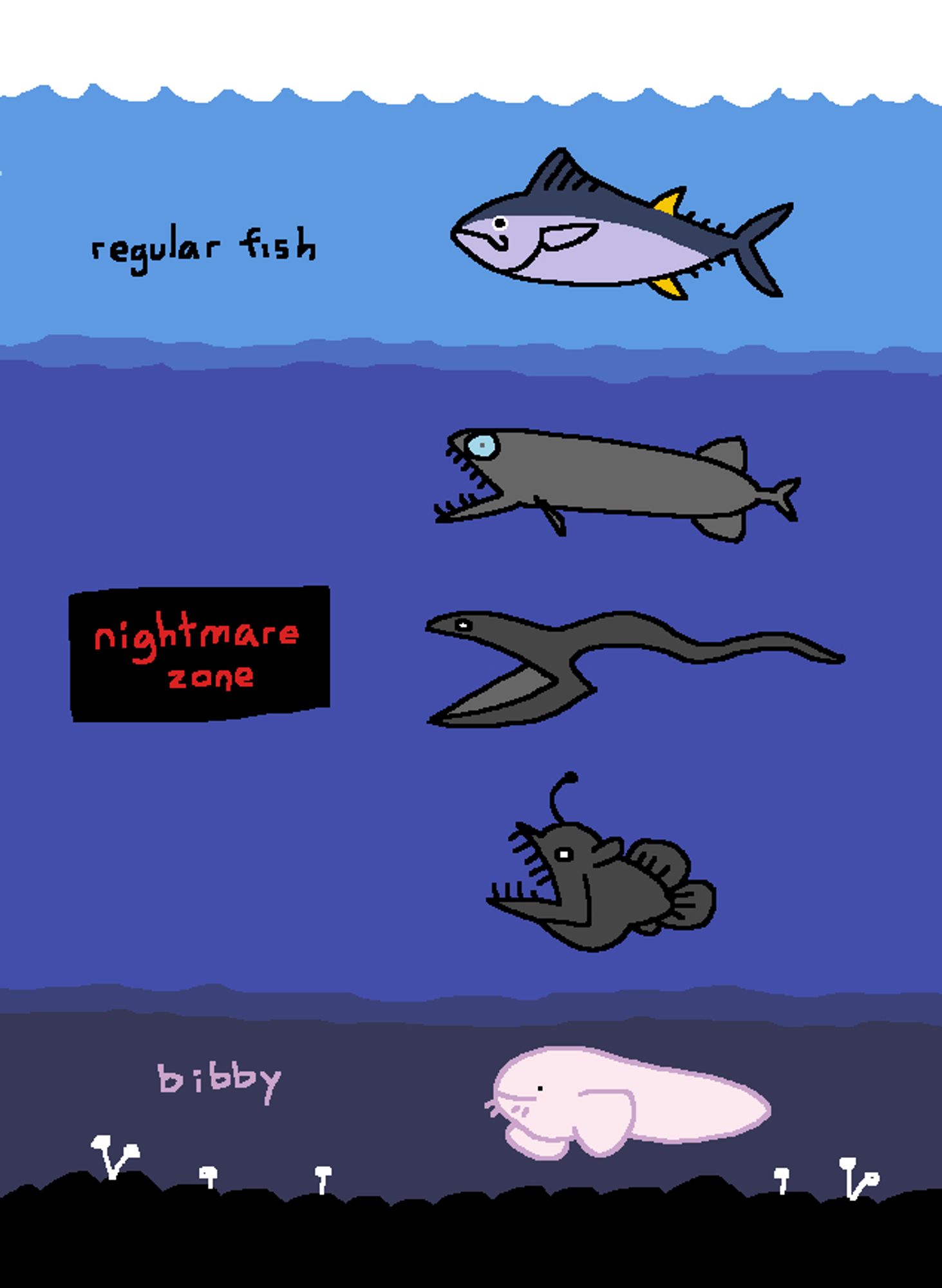 cartoon of fish in a cross section of ocean. on the surface is a tuna labeled "regular fish". below are loosejaw, pelican eel, and anglerfish labeled "nightmare zone". on the bottom is a pink snailfish labeled "bibby"