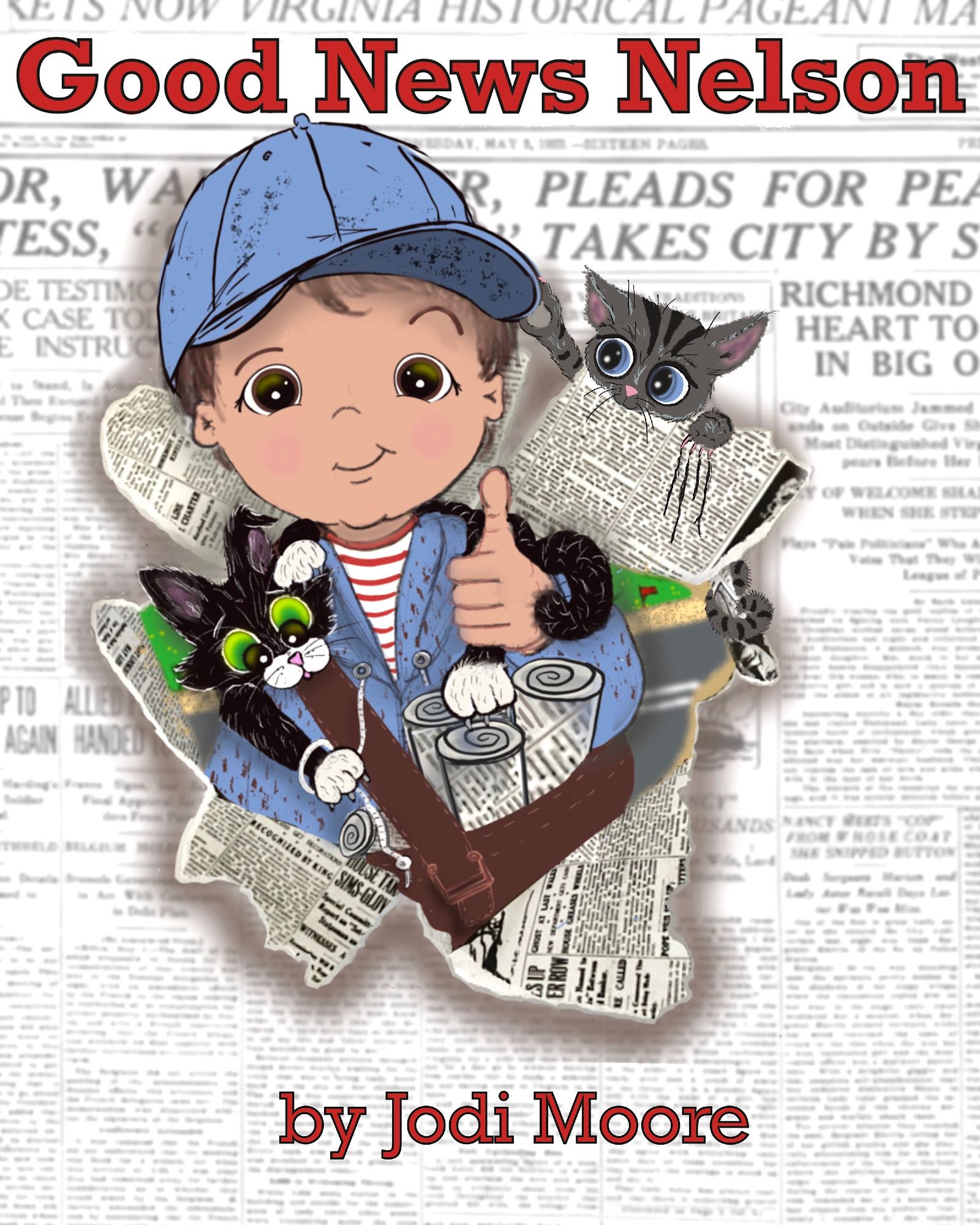 Illustration (collage & digital) of young paperboy bursting out of newspaper holding one thumb up. Two cats (one black, one gray striped) play with the string on his light blue hoodie and his light blue cap.