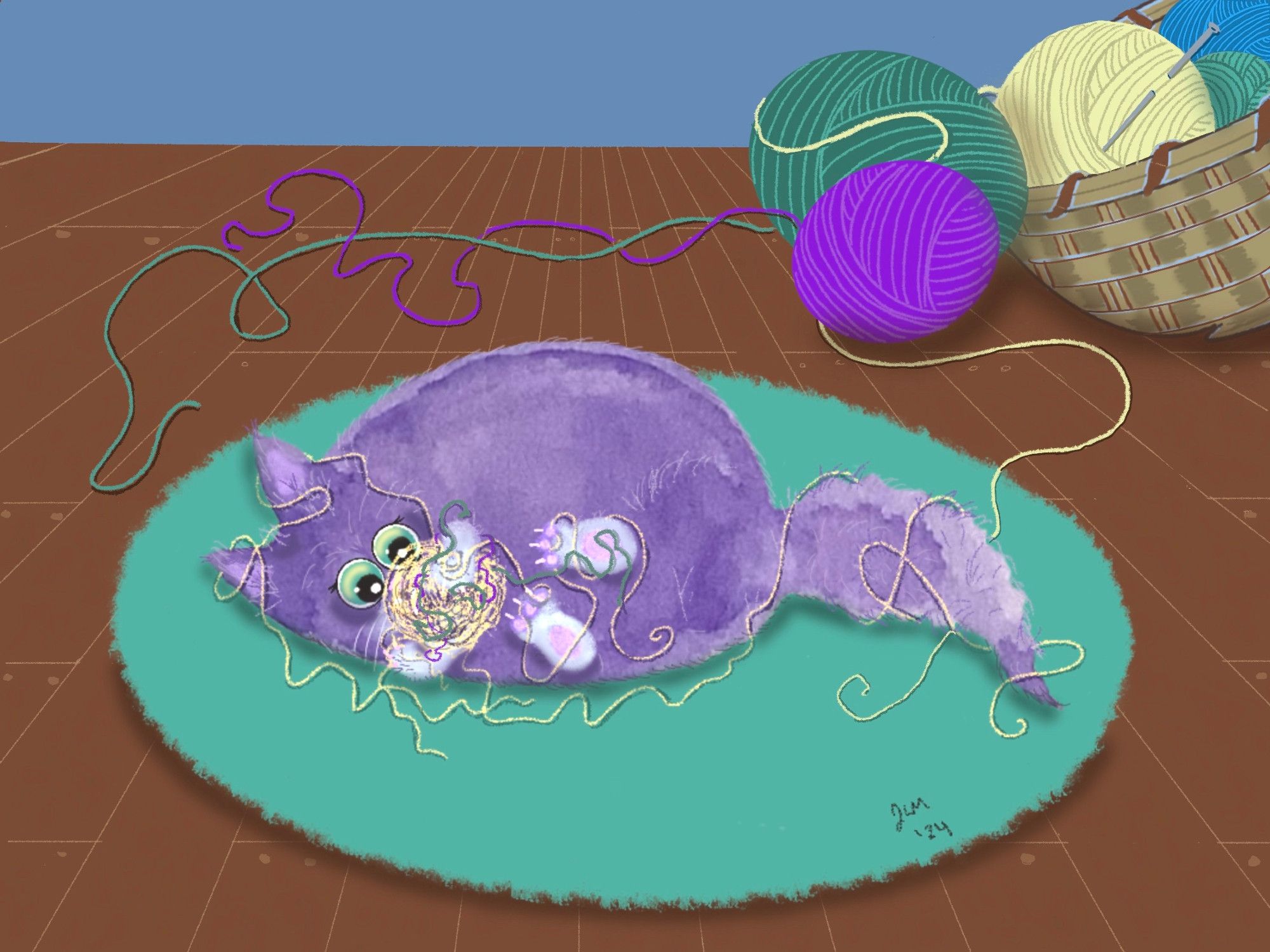 Illustration: Chubby purple cat w green eyes playing with ball of yarn on turquoise rug; balls of yarn (purple, green & yellow spilled out of brown basket in back. Traditional watercolor w digital accents.