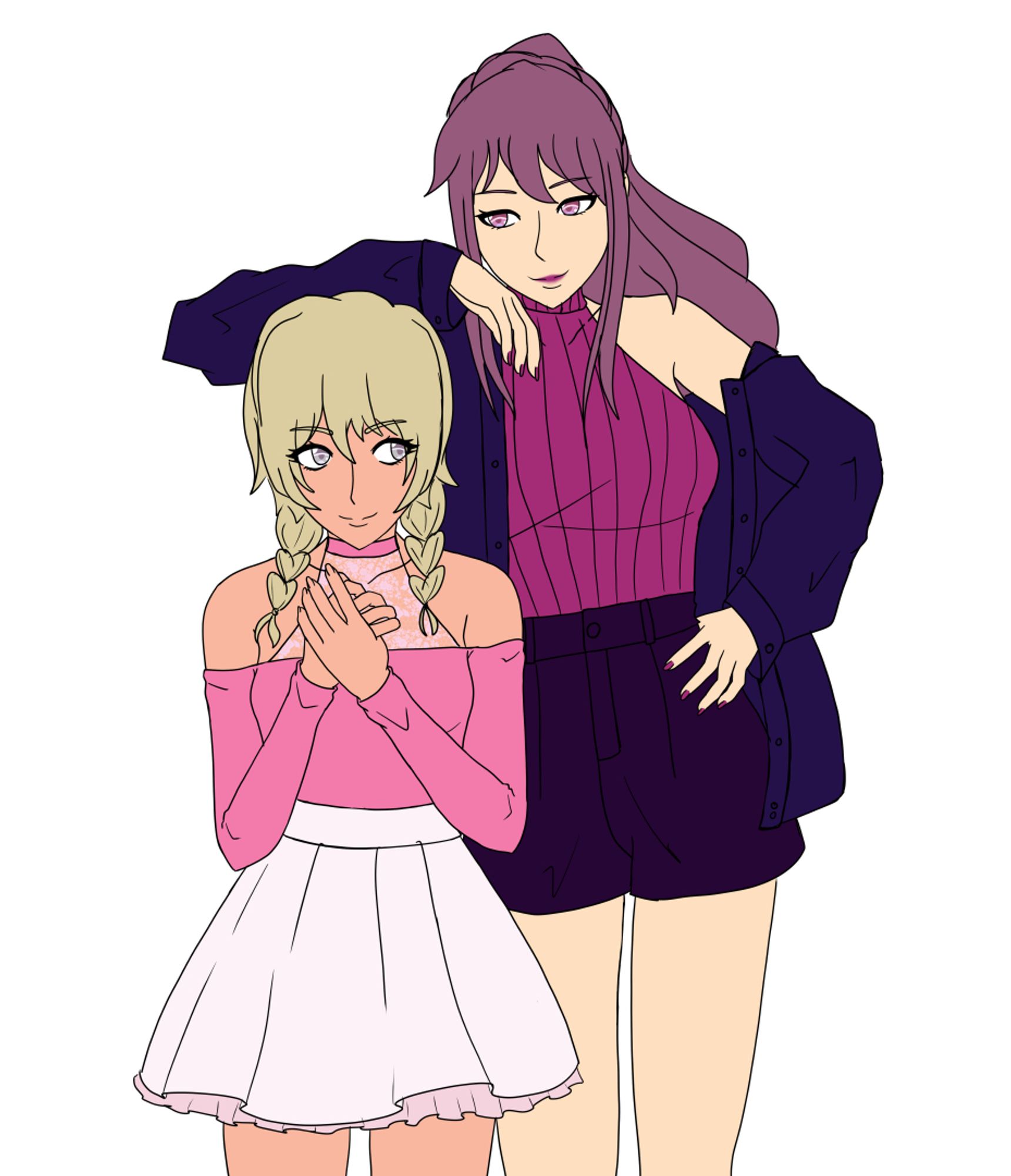 A more recent digital sketch of my OC's Toby(he/him) and Lorelai(she/her), depicted here wearing their date outfits. Toby, the taller one of the two, wears his long purple hair in a high pony. He is wearing a vibrant pink sleeveless turtleneck, dark purplish pink shorts, and a bluish purple leather jacket. He is also wearing nail polish and lipstick in the same color as his turtleneck. Lorelai, the shorter one, wears an off-shoulder blouse with a lace halter top, and a white skirt.
Toby has his arm on top of Lorelai's head, and the two are smiling at each other, clearly enjoying their date.