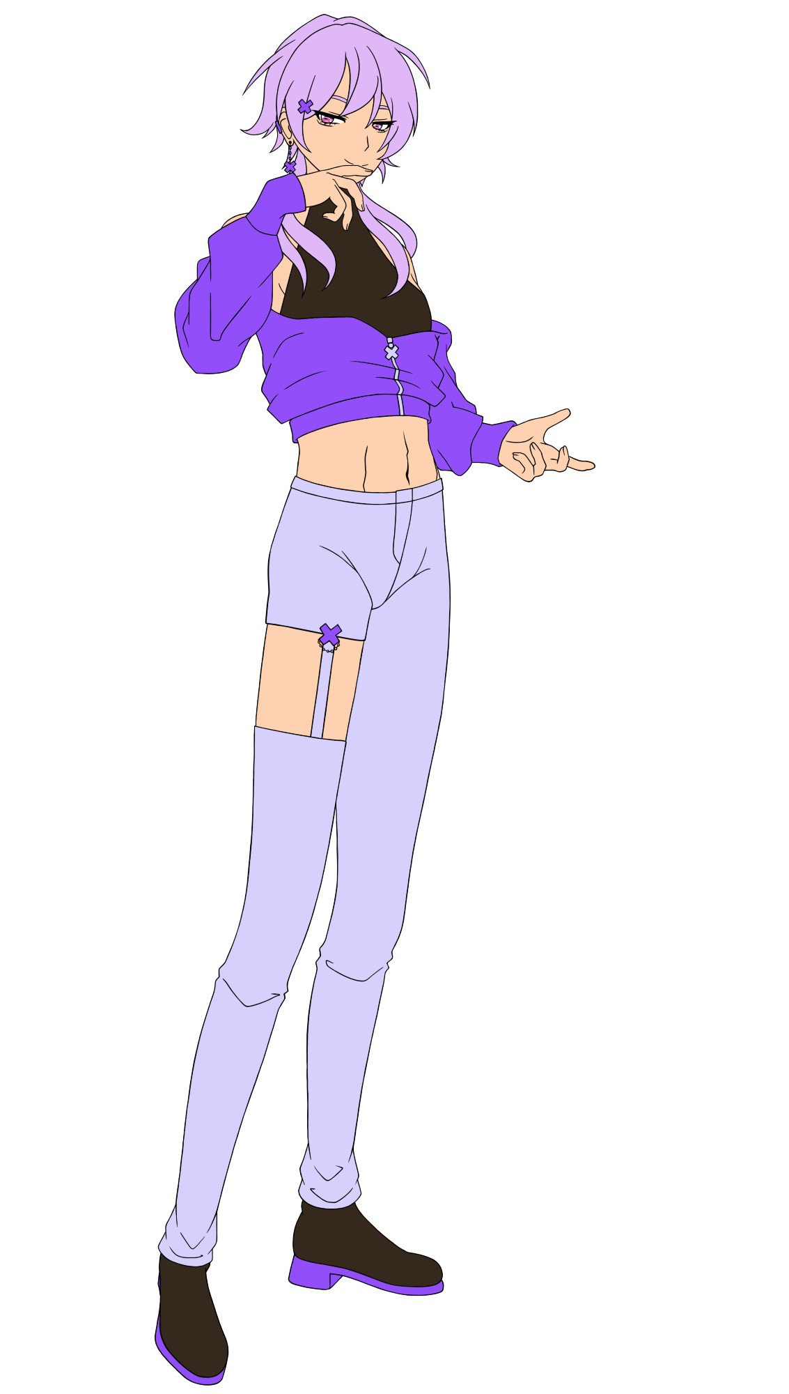 Digital reference art for my OC Ryou, in an anime artstyle. Black lines and color on a white bg. Ryou is a taller person, with purple hair, slightly tan skin and pinkish eyes. Their hair is cut into a wolf-cut. He wears a black halter crop top, a bright purple cropped hoodie, light purple pants that has a cut-out part on the right leg on the thigh, and black boots with purple heels. He wears cross-shaped accessories; a pin on his leg right where the pants cut off, a hair pin, and earrings. They look confident and uncaring as they hold out their hand, inviting one in.