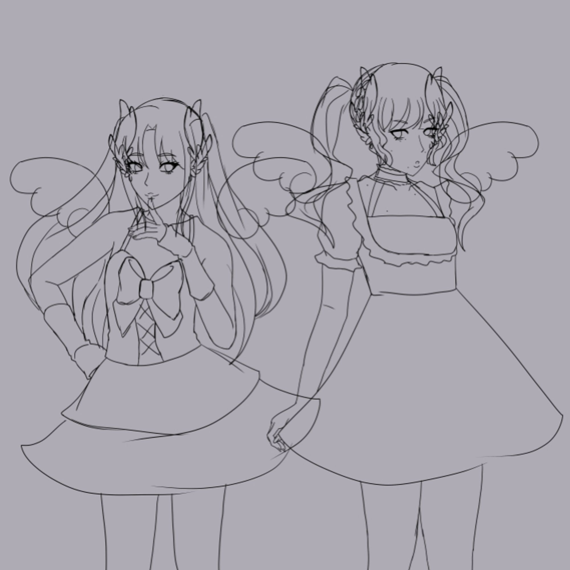 Digital sketch of my angel boy OCs, Samael and Yomiel, black lines on a grey bg. Samael is 156cm, with long, smooth hair done in half-up pigtails, wing ears and floating wings behind his back. He is wearing a dress with straps, a heart neckline, a huge bow and a frilly, puffy skirt. He's also wearing arm warmers covering half his hands. He's posing confidently for the camera with a smile.
Yomiel is 161cm, with long, wavy hair fashioned into high pigtails, wing ears and floating wings behind his back. He has a bunch of beauty marks on his face, collarbone and chest. He is wearing a dress with frills, puffy sleeves and a billowing skirt, looking at the camera with a bit of a pouty face.