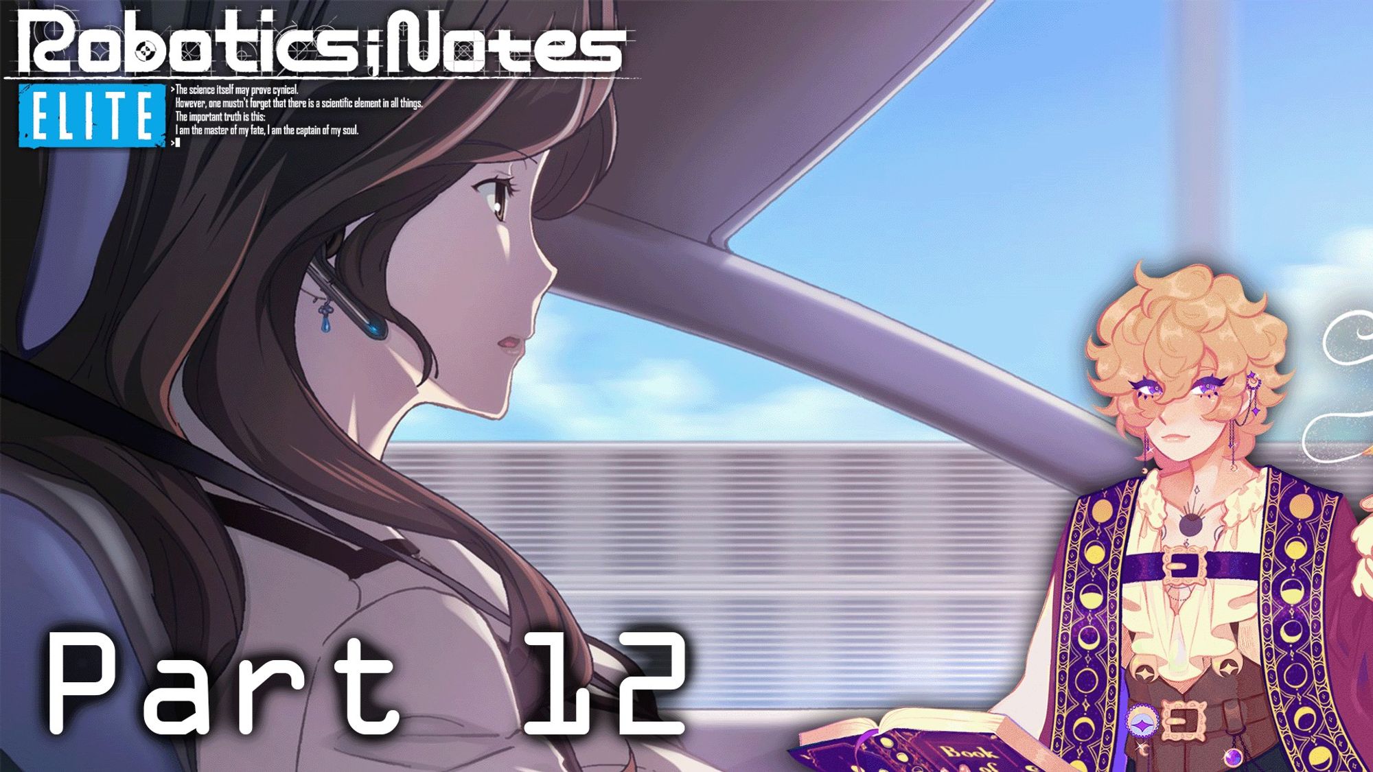 Thumbnail for part 12 of Robotics;Notes elite. Features a CG of Senomiya Misaki driving a car with a picture of Lune Evenfall in the bottom right layered overtop. The logo is in the top left and the bottom left says "part 12".