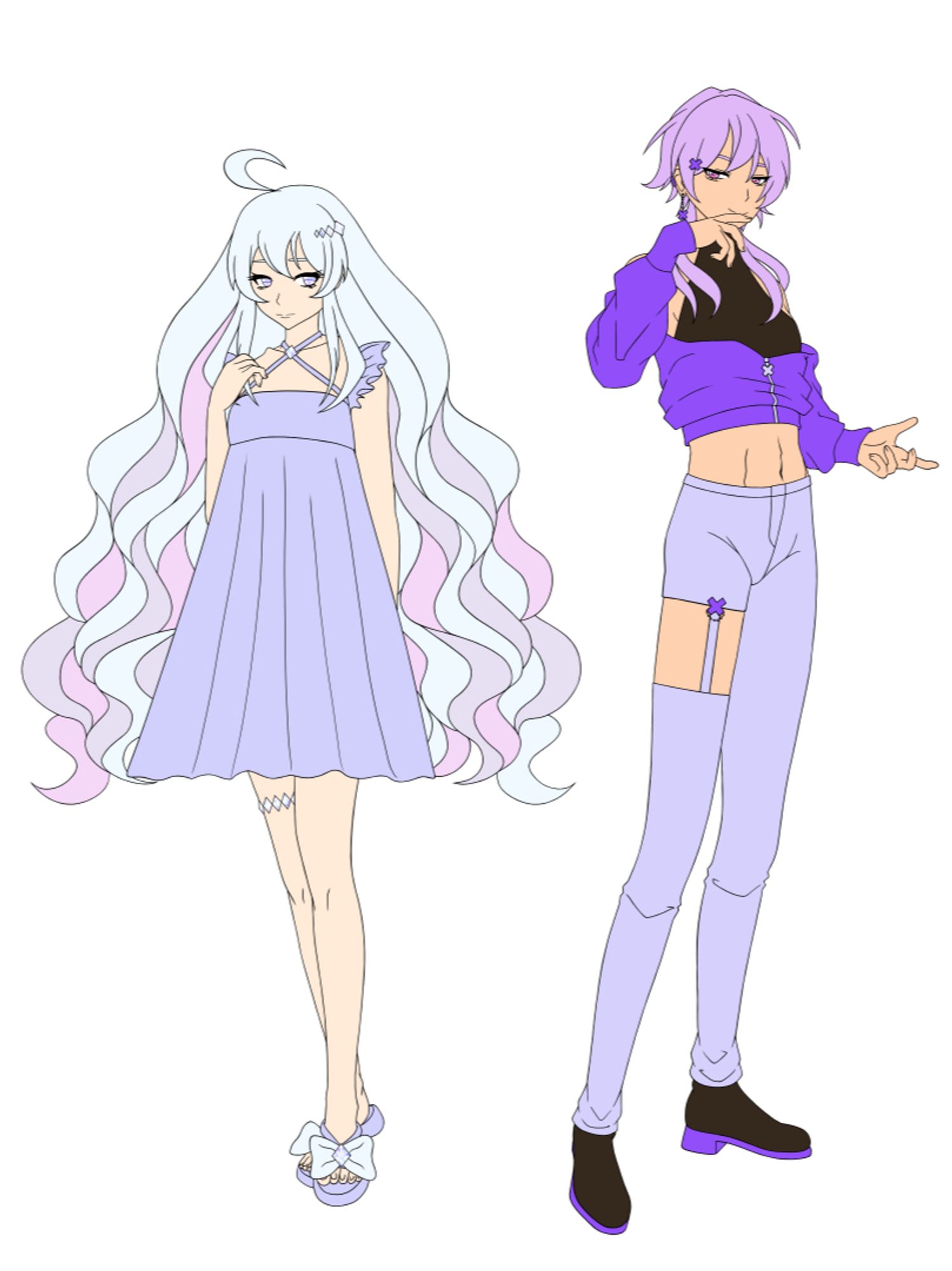 Digital fullbody reference illustration of my OCs, Setsu and Ryou, standing next to each other. Black lines, full color on a plain white bg. 
Setsu, on the left, is an adult woman with long, thigh-length blue/pink/purple hair of very unrealistic volume, fanning out in waves next to her body. She wears a dainty purple dress with frilly cap sleeves and straps crossing over the neck. She wears a hairpin and thigh garter made out of diamonds, and sandals with bows and diamonds on them. She is staring apathetically at the camera as she makes herself small, trying to seem unassuming.
Ryou, on the right, is a good bit taller than Setsu, with a medium length purple wolf cut. They wear a black halter croptop, a cropped deep purple hoodie, light purple pants with a cut-out part on the right leg, and black boots with purple heels. They wear several x-shaped accessories, including a dangling earring, a charm on the leg and a hairpin. He looks smugly at the camera, inviting the viewer in.