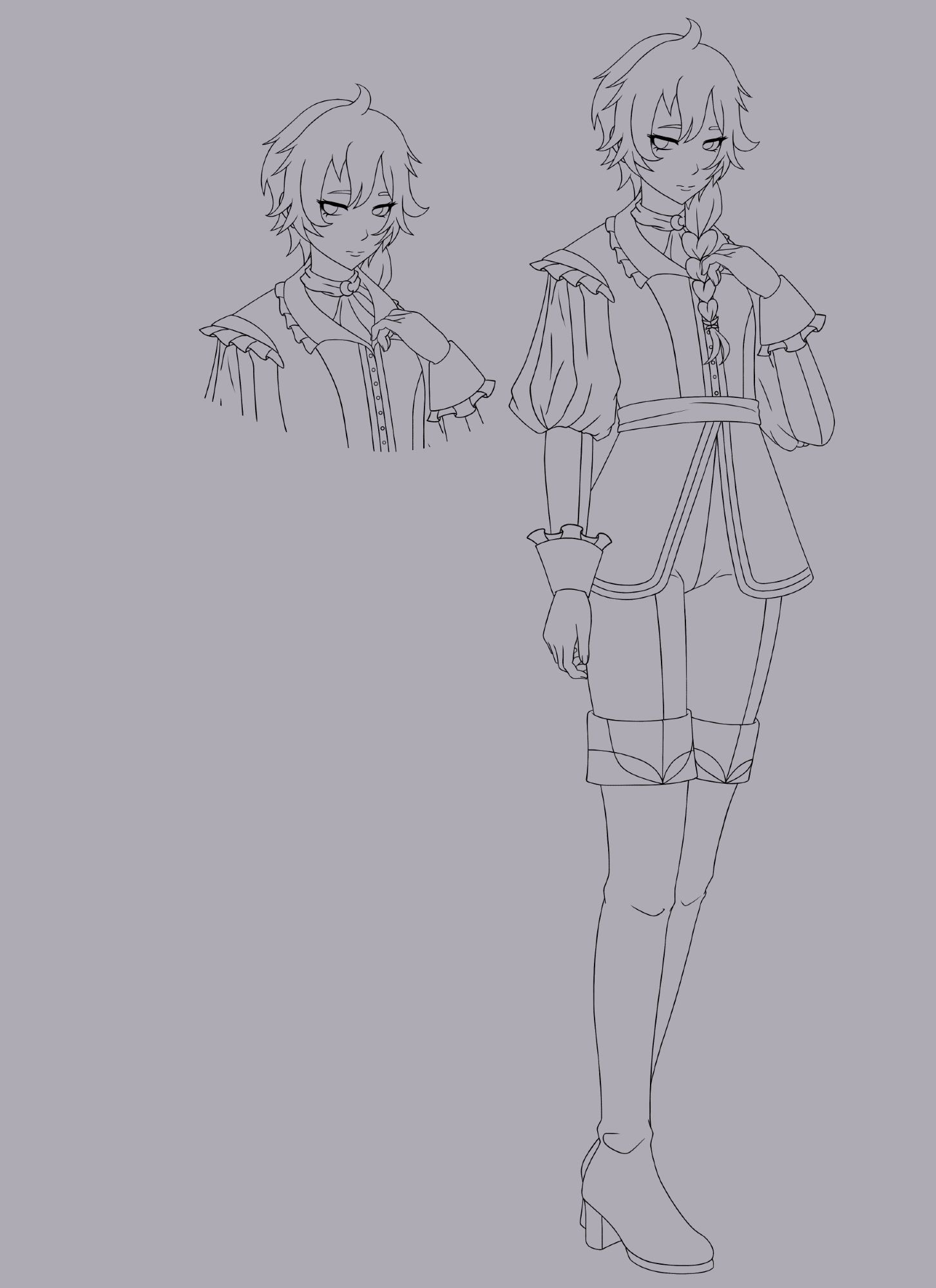 Digital lineart reference of my OC, Valeri, in an anime artstyle. Black lines and a grey bg. Valeri is a tall woman wearing a coat with puffed sleeves, cape sleeves and frills. She wears a high-neck shirt and a neck scarf with a crescent-shaped pin. She wears high-waisted pants and thigh-high heeled b oots. Her long, messy hair is pulled into a braid over her shoulder, secured with a butterfly pin. A bust-up drawing of the same lineart on the left shows the hair behind the back to show what her collar looks like in detail. Her expression betrays a sense of trepidation and anxiety, showing her prevalent negative personality and thoughts, despite her renown as an artist.