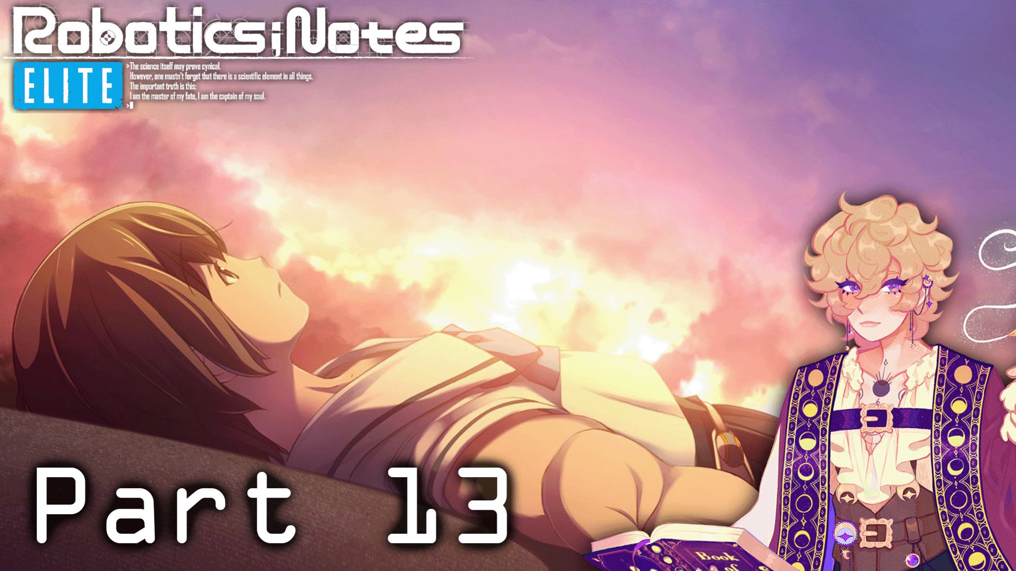 Thumbnail for Part 13 of Robotics;Notes Elite. It features a CG of Junna laying down on the asphalt, looking up at the evening sky as it spreads out above her head. In the foreground is the game logo in the top left, text that says "Part 13" in the bottom left, and my PNGtuber Luné Evenfall in the bottom right.