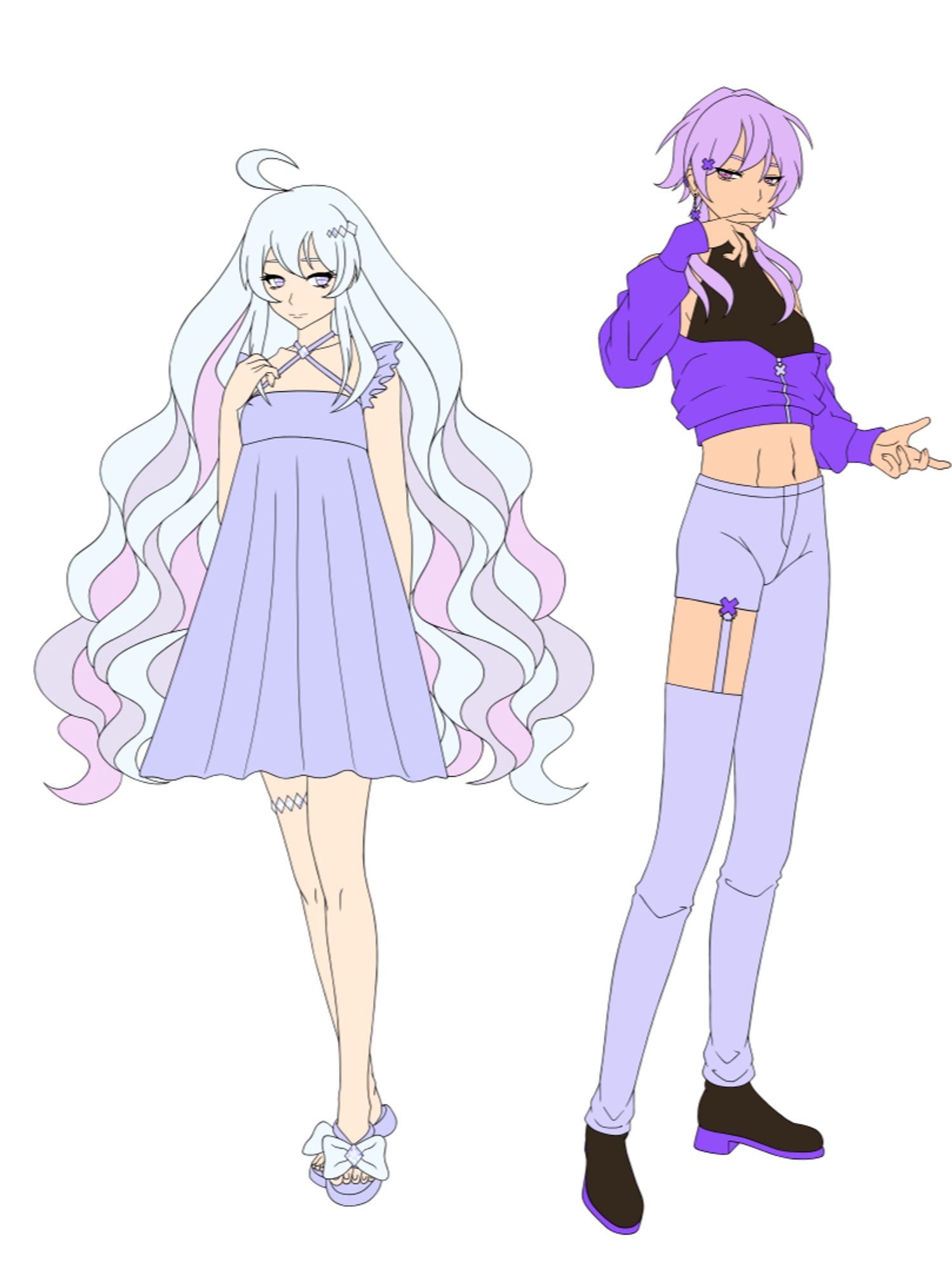 Digital fullbody reference illustration of my OCs, Setsu and Ryou, standing next to each other. Black lines, full color on a plain white bg. 
Setsu, on the left, is an adult woman with long, thigh-length blue/pink/purple hair of very unrealistic volume, fanning out in waves next to her body. She wears a dainty purple dress with frilly cap sleeves and straps crossing over the neck. She wears a hairpin and thigh garter made out of diamonds, and sandals with bows and diamonds on them. She is staring apathetically at the camera as she makes herself small, trying to seem unassuming.
Ryou, on the right, is a good bit taller than Setsu, with a medium length purple wolf cut. They wear a black halter croptop, a cropped deep purple hoodie, light purple pants with a cut-out part on the right leg, and black boots with purple heels. They wear several x-shaped accessories, including a dangling earring, a charm on the leg and a hairpin. He looks smugly at the camera, inviting the viewer in.