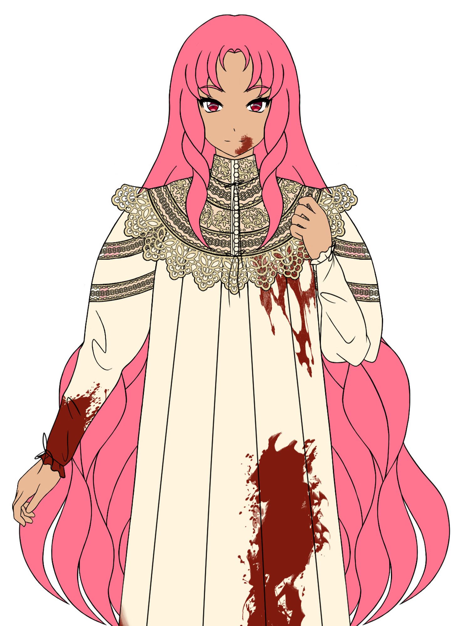 Halfbody digital reference image of my vampire lady, Blanche, depicted here in her night gown, a white floor-length dress seen here covered in blood. She has blood on her lips, as well. Her long, pink hair is flowing in loose curls down her back to her mid-thigh.