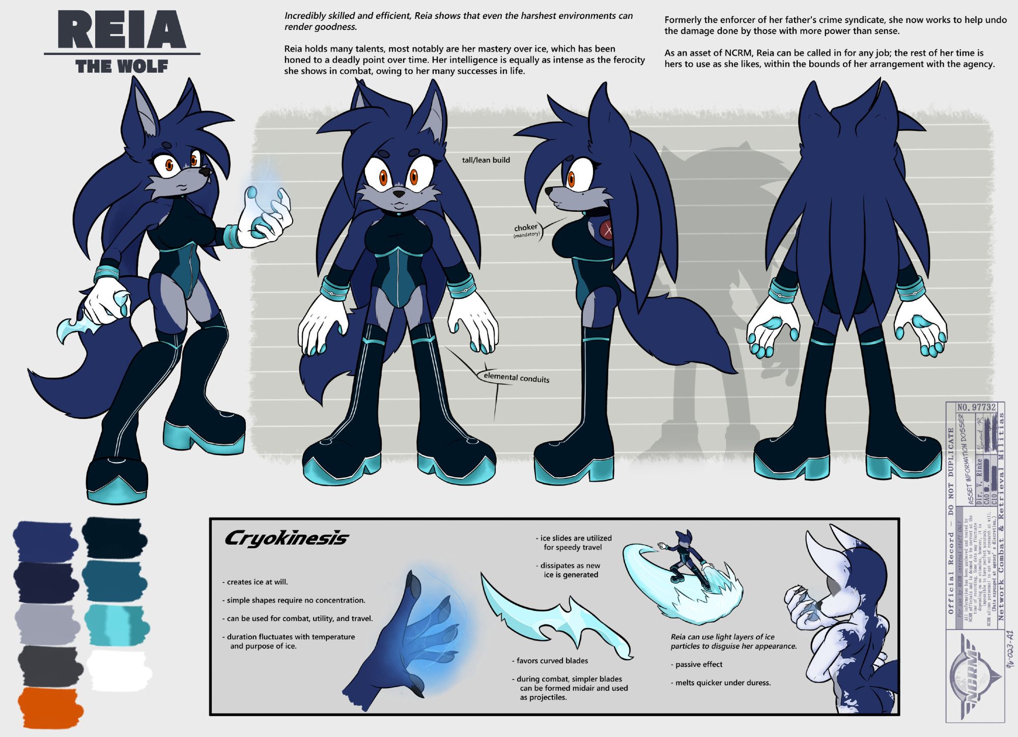 Detailed reference sheet of Reia the Wolf; featuring main pose, turnaround and height comparison, and bio data, as well as power description.
For lore reasons, this is to be considered her "new" look - after she becomes a part of NCRM.